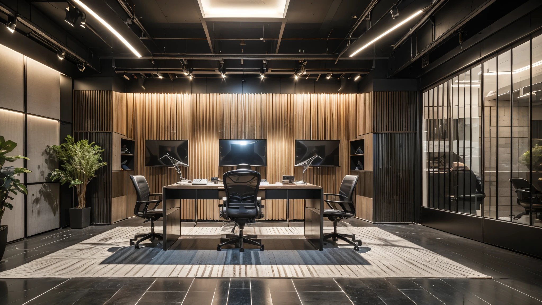  Top Masterpieces、 best quality 、 highest resolution、 large mixing console with glowing lights and sliders 。This room has 、Soundproof wall with acoustic foam panel 、 creating a focused high-tech atmosphere 、 studio-grade microphones and headphones are neatly arranged {x} There are multiple computer screens showing audio waveforms and streaming software interfaces。 desk is neatly organized 、 Pro Modern radio studio interior designed for broadcast 。 warm and soft studio lights illuminate the space 、 highlights professional equipment 。 The color scheme is dark tones like black and gray 、 with subtle blue and orange LED lighting accents 、 create a focused, high-tech vibe 。