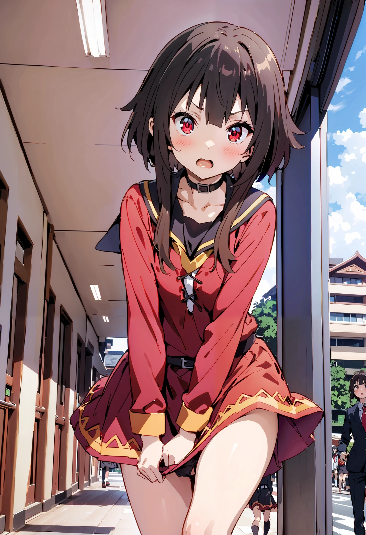 konosubaMegumin, Megumin, short hair while on a business trip, black hair, red eyes, short hair while on a business trip with long locks,blush, embarrassing, angry , open your mouth wide,Black sailor suit,黒色ミニプリーツ skirt , thigh high socks ,Brown loafers, Super detailed-eyes, skirt めくり,black string panties,cute girl, eyelashes skirt tug, skirt , lift of the wind , angle from below ,whole bodyがイラストに入るように, break looking at viewer,whole body,
break outdoors,high school,School building,
break (masterpiece:1.2), best quality , kampala,unity 8k wallpaper,(shape:0.8),( fine, beautiful eyes :1.6),It's a person ,whole body写真,CG Details , (perfect hand, complete anatomy),