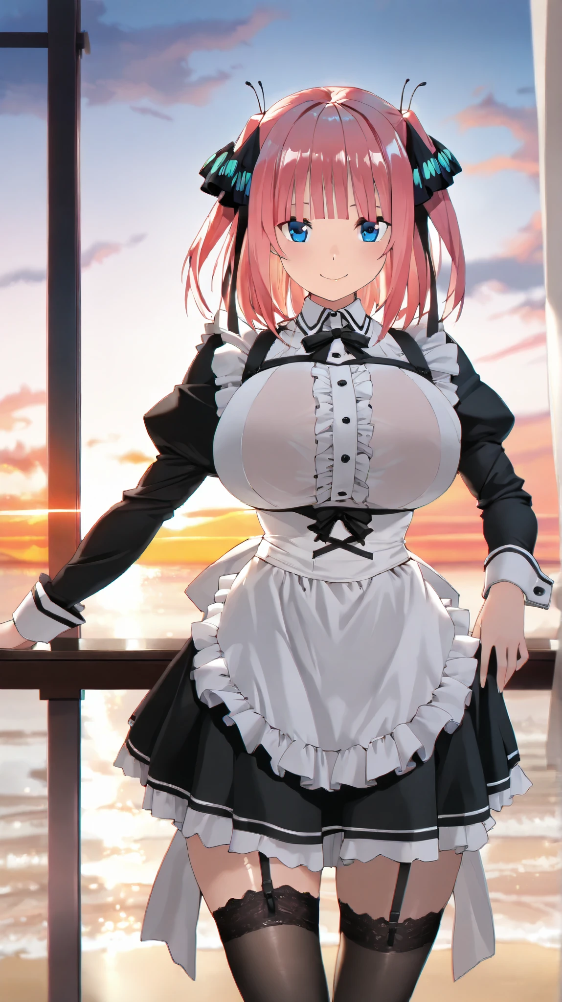 ((masterpiece, Best quality,Conceptual art, anime, Gothic art, depth of field, cinematic lighting, chromatic aberration, UHD, retina, masterpiece, accurate, anatomically correct, textured skin, super detail, high details,1 girl,solo)),nino,((wearing maid clothes)), huge loose breasts, thicc thighs,[ seduction smile, seduction eyes, seduction poses],in beach, (( at sunset )),medium hair,pink hair,shiny hair,hime cut,twintails,two side up,hair ribbon,black ribbon,butterfly hair ornament,blunt bangs,eyebrows hidden by hair,blue eyes