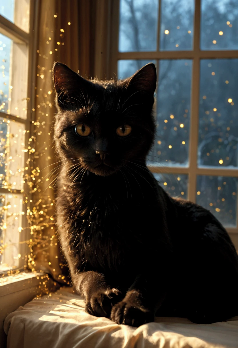 Realistic, live-action photo 8K quality, work of art, cinematic, magically realistic, a black cat is curled up in a bay window sleeping with its eyes closed, it's good weather outside the window, a golden aura surrounds the black cat, many particles of light ascend to heaven, the black cat's soul becomes an aura of golden particles of light and departs for heaven, a scene of silence and solemnity.