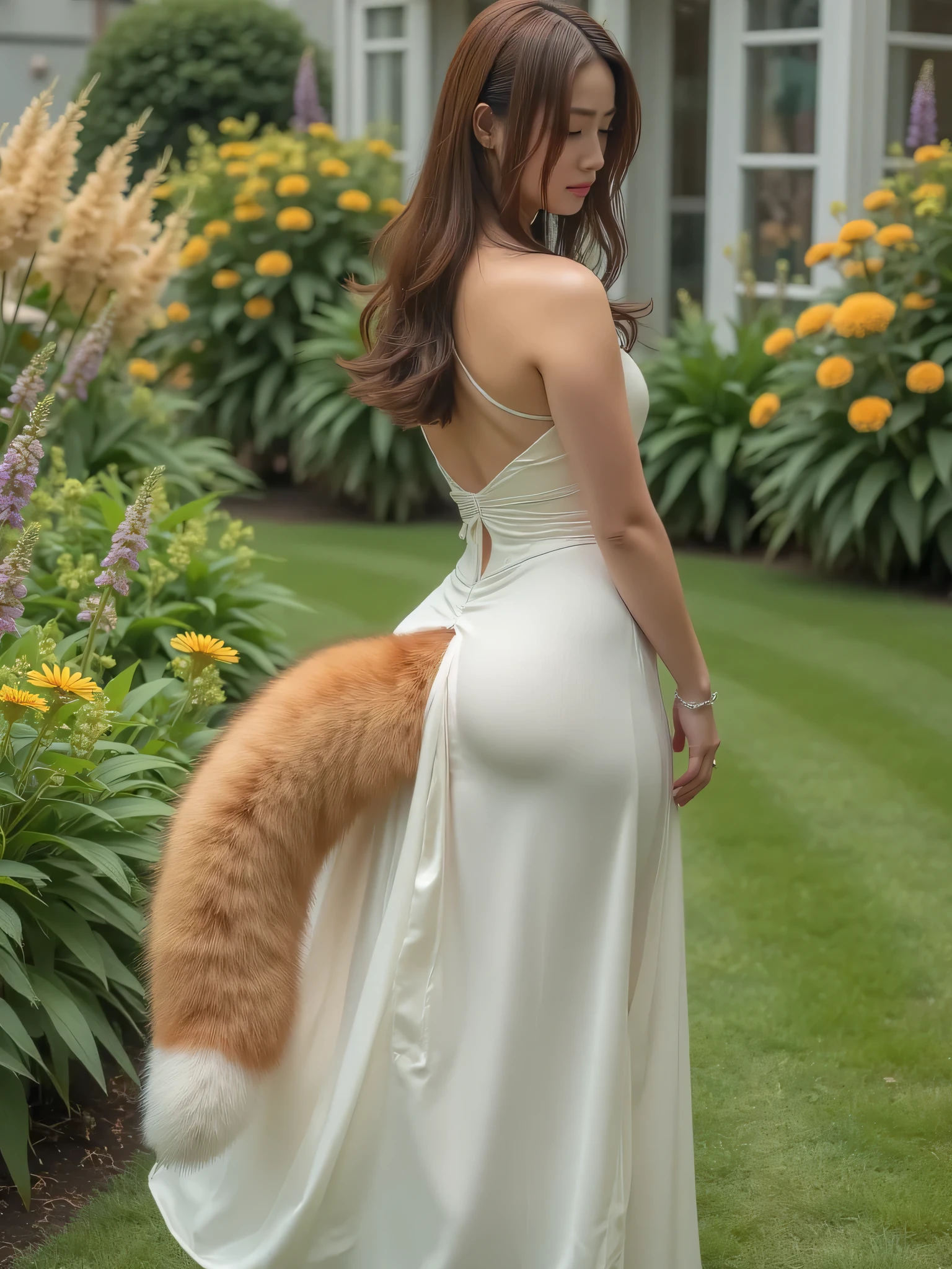 (( Top Quality , 8k)), (( max resolution)), (( Photorealistic)), (Masterpiece), perfect face , ((Woman with fox ears )), ((That woman has a tail )), foxgirl, (Her tail is big ), ( That blonde beauty), She's a college student , It was taken in the garden , ((Only one tail)), she has thick thighs , ( her big fox tail ) , (( I can see her fox tail )) , She wags her tail, She is wearing a white open back halter maxi dress , Deep V Neckline , big breasted , big hips, (( I have one tail growing on my butt )) , the fox's tail sticks out , The tail is fox colored , She's staring at her back , dynamic model pose , Notice her butt with a tail