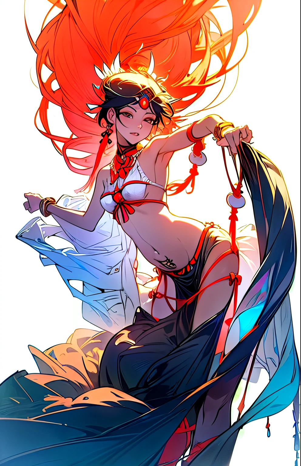 absurd, highres, ultra detailed, (ultra-detailed background, detailed background), extremely detailed, flame demon woman, adult woman, perfect adult face, 35 years old, (zentangle:1.2), (geometric:1.2), colorful, full body, sexy pose, short clothes, dragon tattoo, stars, tiny thong, almost naked, muscular, perfect body, vietnamese ornaments, demon of japanese culture