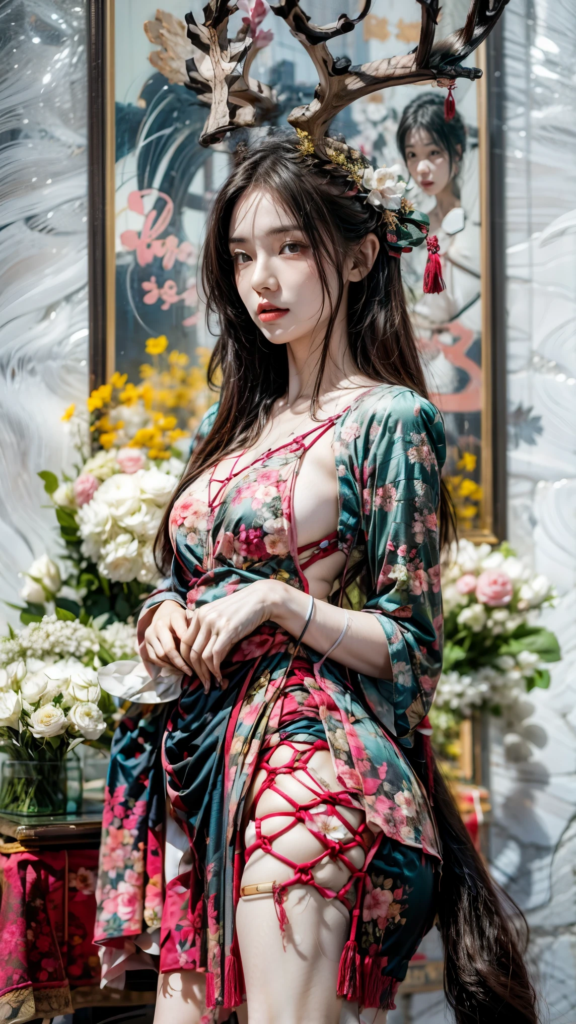 Asian woman in floral haute couture dress poses for photo shoot, perspiring,Pose in a floral haute couture dress, silk dresses,Silk,Large flower embroidery,Colossal tits,爆乳,Colossal tits,Engaging pose, Sexy Girl, Korean Girl, beautiful Korean women, Young Korean Woman, Realistic Young Gravure Idol,