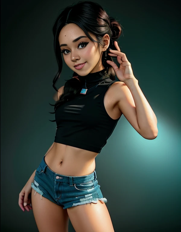 cowboy shot a beautiful Italian woman with black hair, ideal face, looking at viewer, cute smile, ideal body, stretching, both arms up, black crop top, white paperbag shorts, pale skin, detailed skin, natural lighting, film grain, Canon 5D, sharp focus on subject, Fujifilm XT-3, <lora:picxer_real:1.5>, <lora:btpabsho:0.7>