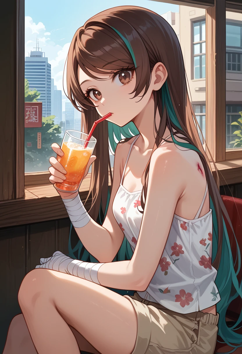 creates a 25-year-old woman sitting with her feet crossed holding a glass of orange juice wearing a brown leather miniskirt and a white tank top in a garden passage with tables and chairs