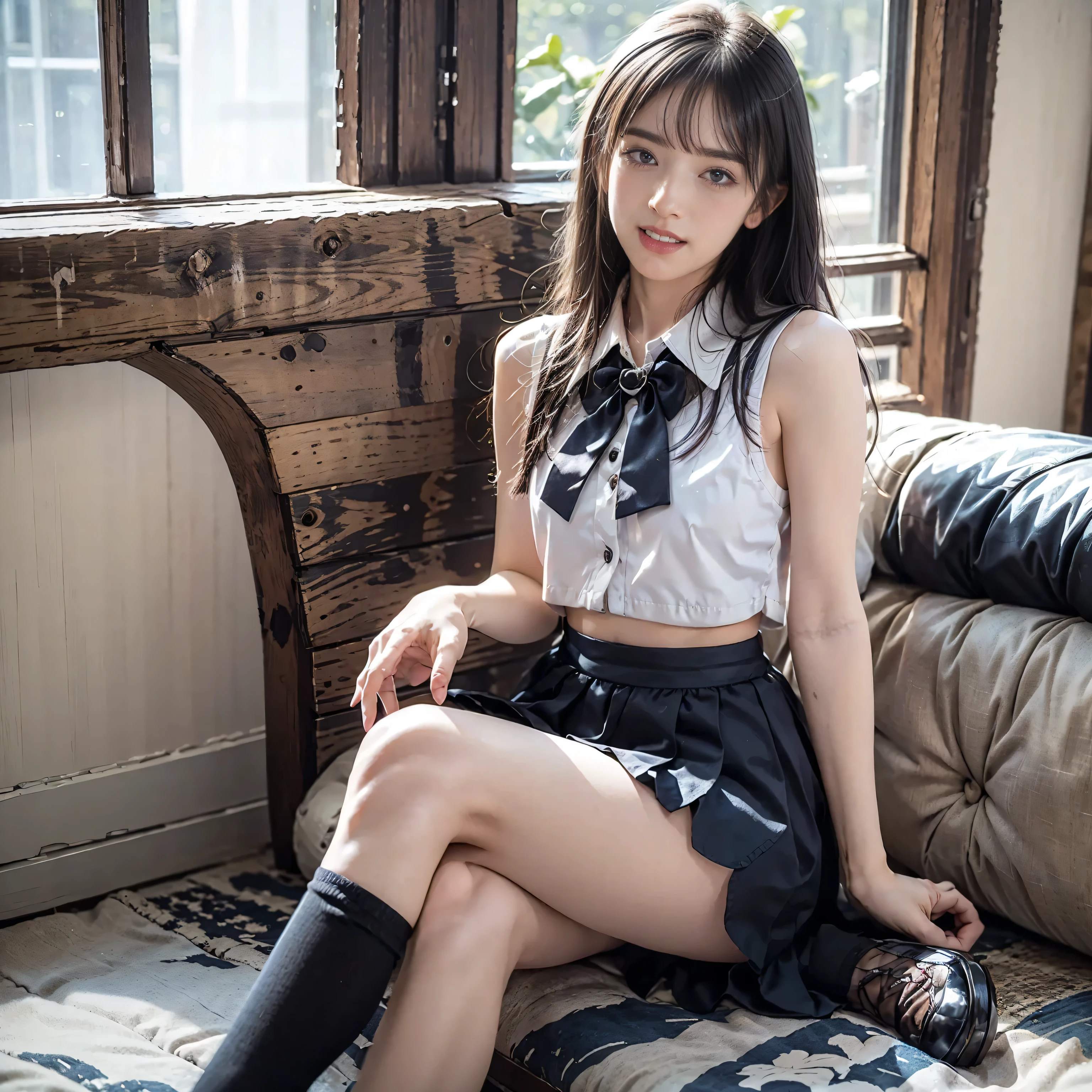 ((Bright garden porch background)), (Lo-Fi), (Soft Focus), High Definition, 4K, Ultra High Definition, Ultra High Definition, Ultra Real Shadows, Ultra Real, Dramatic Lighting, Japan Women, One Girl, Solo, Detailed Face, Realistic Eyes, Realistic Skin, Dynamic Hair, Dynamic Pose, Dynamic Angle, (White Blouse), (Dark Blue Bow Tie), (((Dark blue very long skirt)))), ((White short ankle-length socks with folded edges)))), white background, (Raw photo: 1.2), (Photorealistic: 1.4), Beautiful detailed woman, Very detailed eyes and face, Beautiful detailed eyes, Huge file size, super detailed, high resolution, very detailed, highest quality, (bright indoors), (soft light), (low contrast), (shallow depth of field), (portrait of a beautiful woman illuminated by gentle light), (very delicate and elegant depiction), (short length bangs), (hair color dark chestnut with a slight brown tone), (hair with subtle gentle waves), (((white short ankle-length socks with folded edges))), illustration, very detailed, CG, unification, 8k wallpaper, amazing, fine details, best quality, Highly detailed CG unified 8k wallpaper, face lights, movie lighting, 1 girl, 25 years old