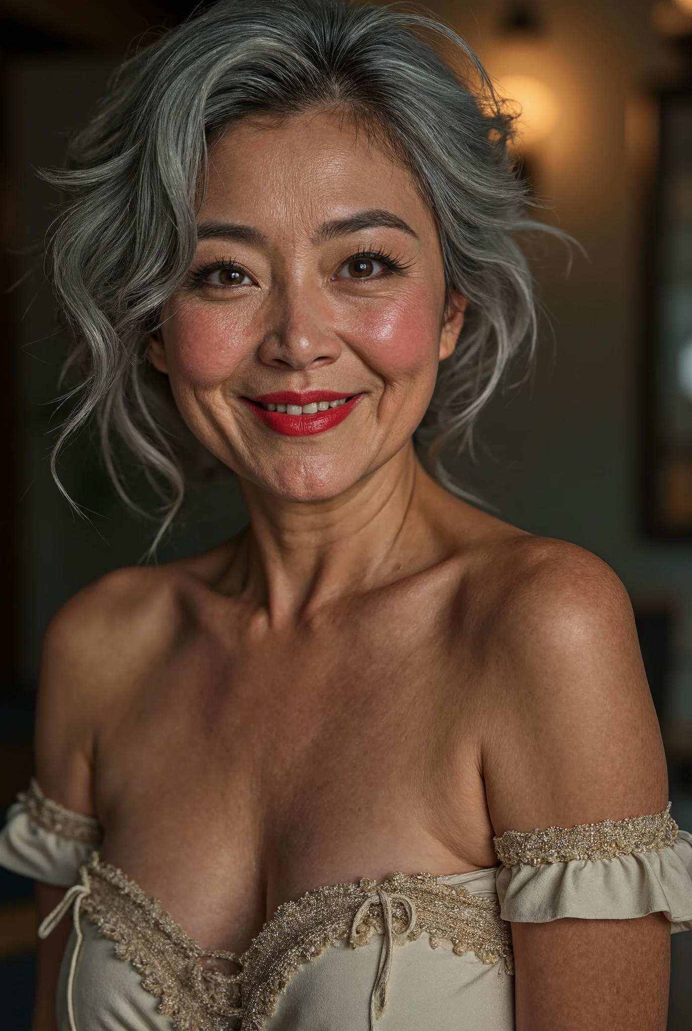 Detail Tweaker LoRA、  photorealistic、 full body image 、Japanese 60-year-old charismatic old woman hooker with fox eyes、Huge Saggy Breasts 、Wedding Rings、Happy Smile、 rough skin with fine wrinkles, freckles, and moles、 damaged gray hair 、Petite and poor body 、A white, flashy, and beautiful prostitute costume、A super high-class brothel at a tropical night、 looking at camera、tired skin、 wilted breasts、 flashy heavy makeup 