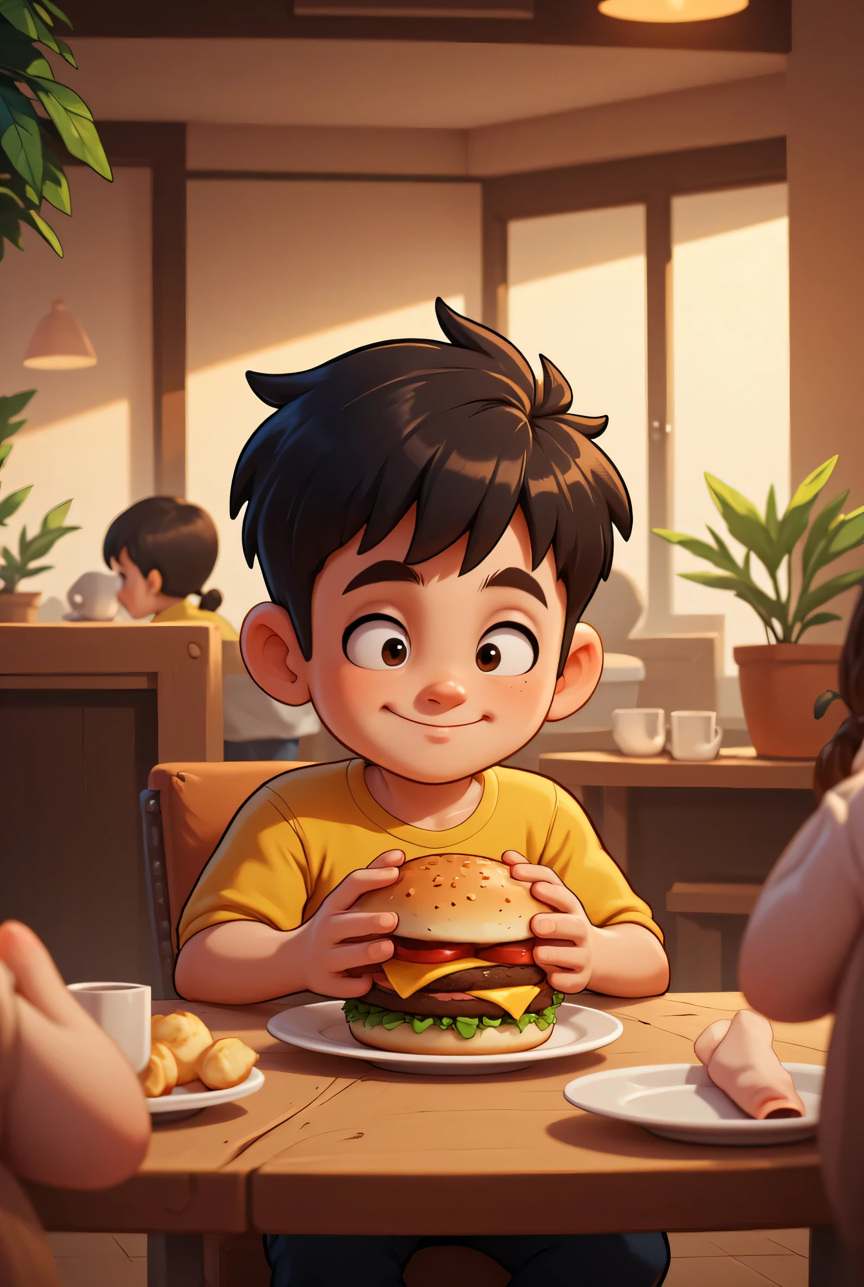 A boy wearing yellow shirt and black pant is eating burger in restaurants
