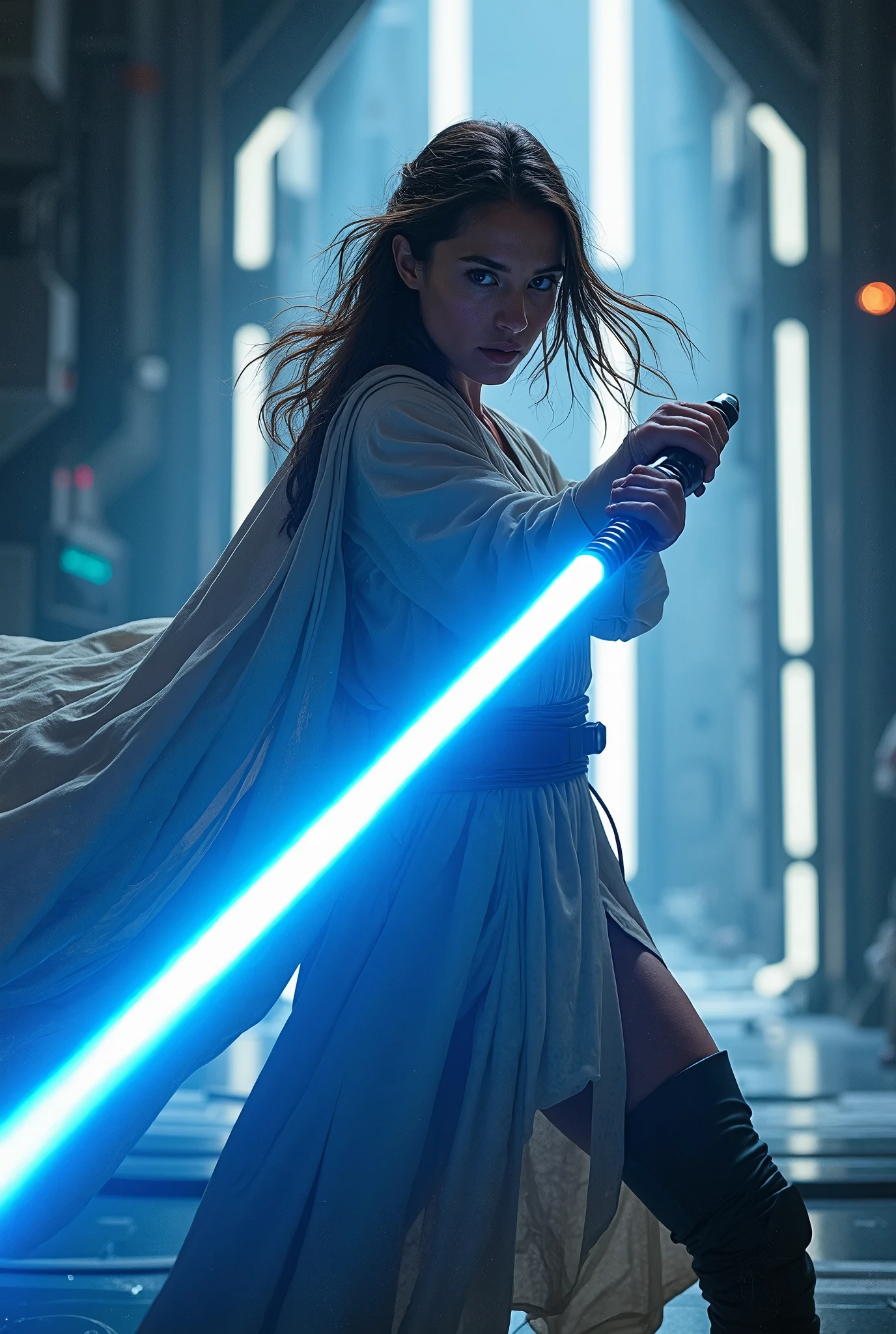 Padme Amidala, squat, holding a lightsaber, wears a short and a top, in a street of a futuristic city, looking for an explosion, tie fighter are flying in the sky, at night, barefoot, stormtroppers are in the back of the picture