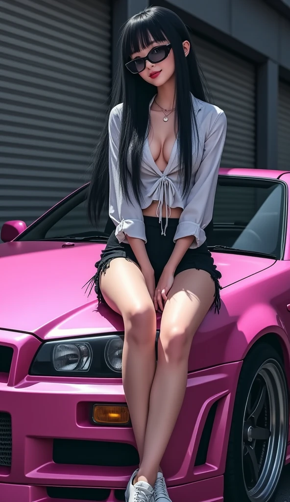 (masterpiece:1.2, highest quality), realistic, (real picture, intricate details, full body, a sensual and attractive Asian woman of 20 years old, round and oval face, high cheekbones, with pale skin, tall (she is about 5 feet 6 inches), with a body with large breasts, long straight black hair with wavy tips, She has sunglasses and wears a pink shirt with a dog design, she has sexy shorts and white tennis shoes and she takes her dog for a walk German Shepherd, the woman in the shirt as a catwalk model on the street in a field