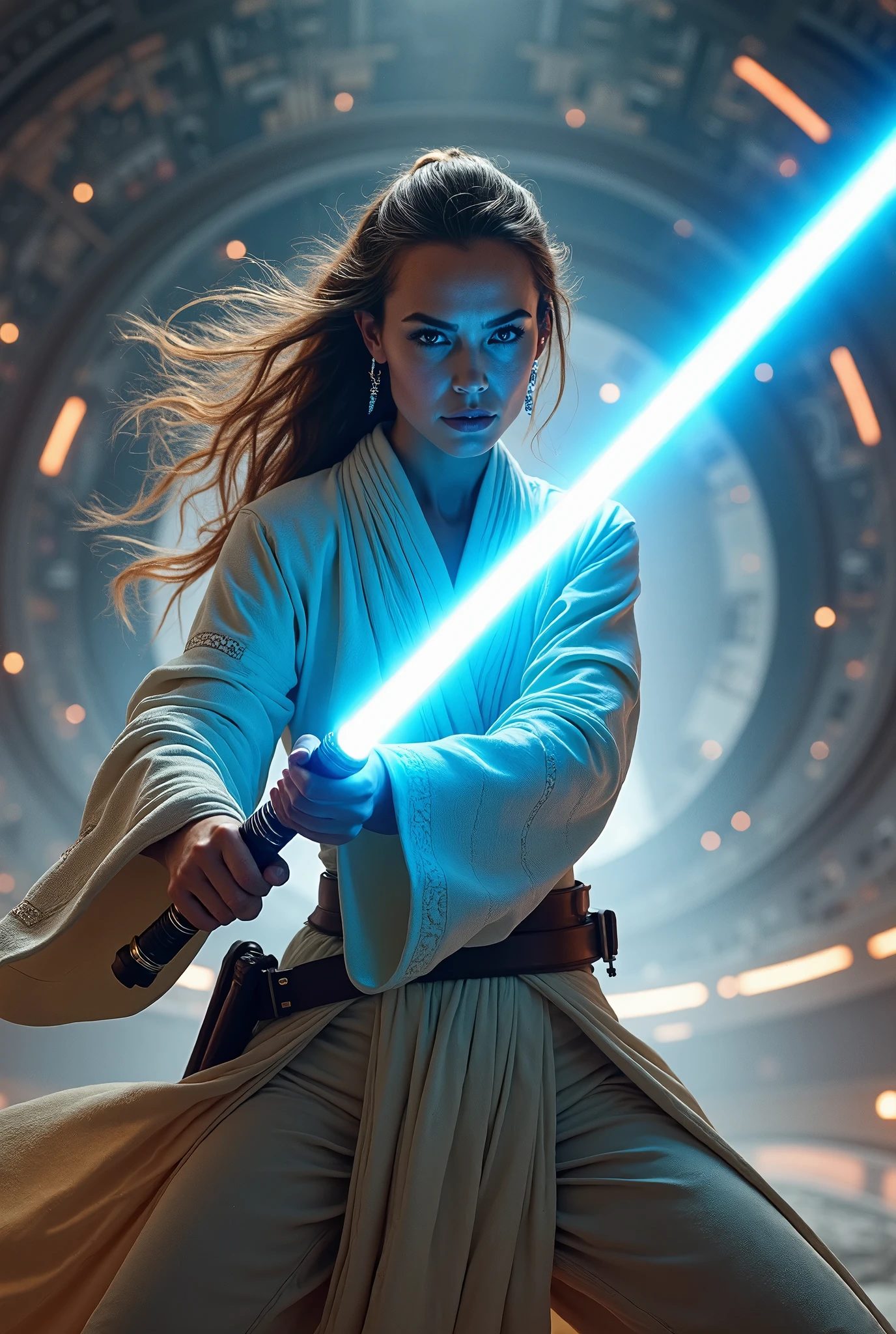 (daisyrdl,jedi robe),ponytail,serious,legs,standing,star wars ship in background,(dynamic pose:1.3),masterpiece,bokeh,dof,highly detailed,add_detail,soft lighting,volumetric lighting,film grain,cinematic