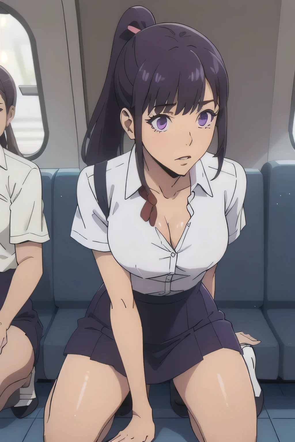 1 girl in, age18, photo of Sung Jinha, Solo Levelling Waifu, photo of perfect woman, Solo, Aesthetic artwork, (long hair, straight purple hair, long ponytail, dark purple hair, bangs: 1.25), (violet eyes, clear skin, fare skin, small , B-cup, runners body, very thin waist, skinny, petite, detailed skin texture, (Masterpiece), (, focus on :1.2), (wearing a short sleeve button down white blouse, unbuttoned, jk ribbon, short pleated skirt pink, school girl uniform: 1.25), (Inside a crowded train with sunlight streaming in, kneeling before master, splits kneeling, ), looking up at camera), (extremely detailed 8k wallpaper), soft lighting, high quality, film grain, 50mm, High Detail, Sharp focus, (natural light), (cowboy photo:1.2), light particles
