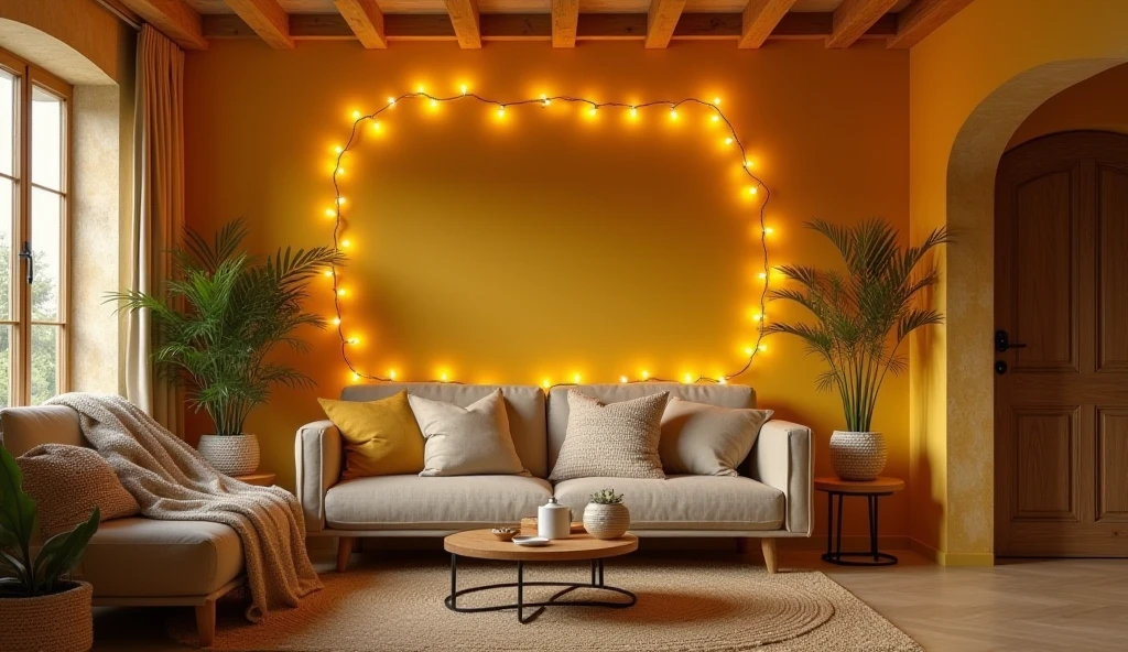 Mustard yellow living room, earthy golden tones, highlighted with matching rope lights, cinematic 8K capture.