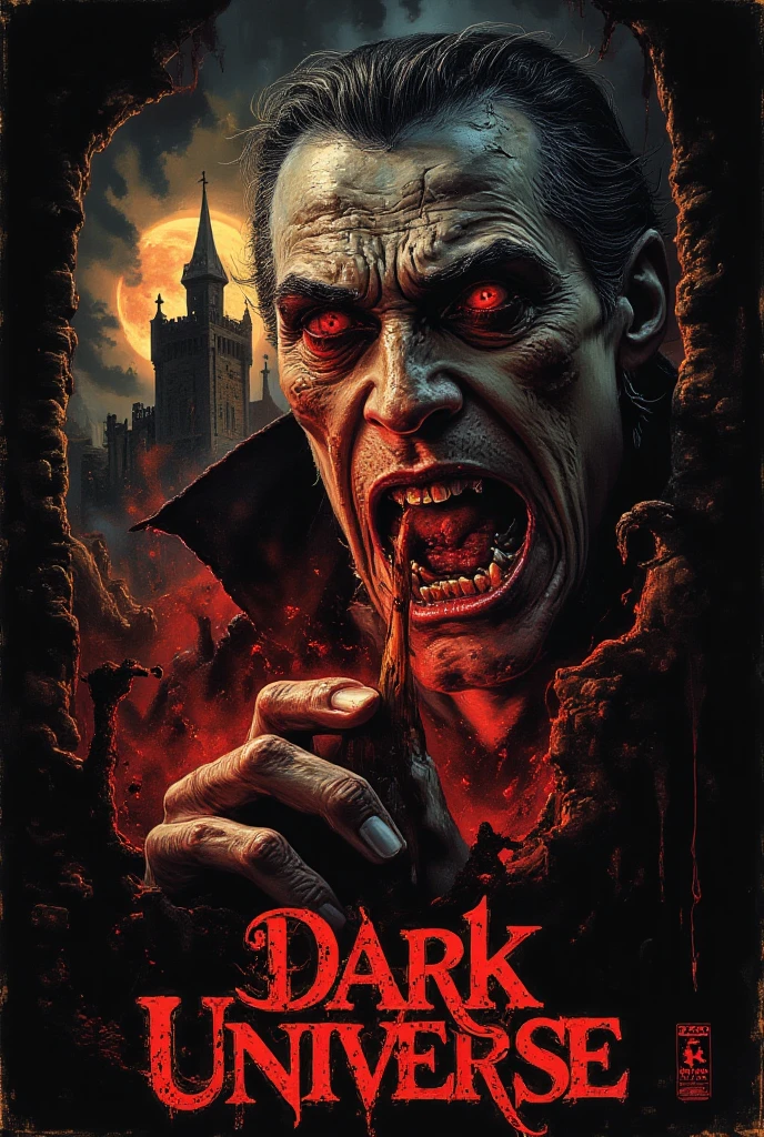 Create a horror movie poster of Dracula. The background of the old castle is creepy. In between is the title of the film. "Dark Universe" red color Ghotic Horror font.
