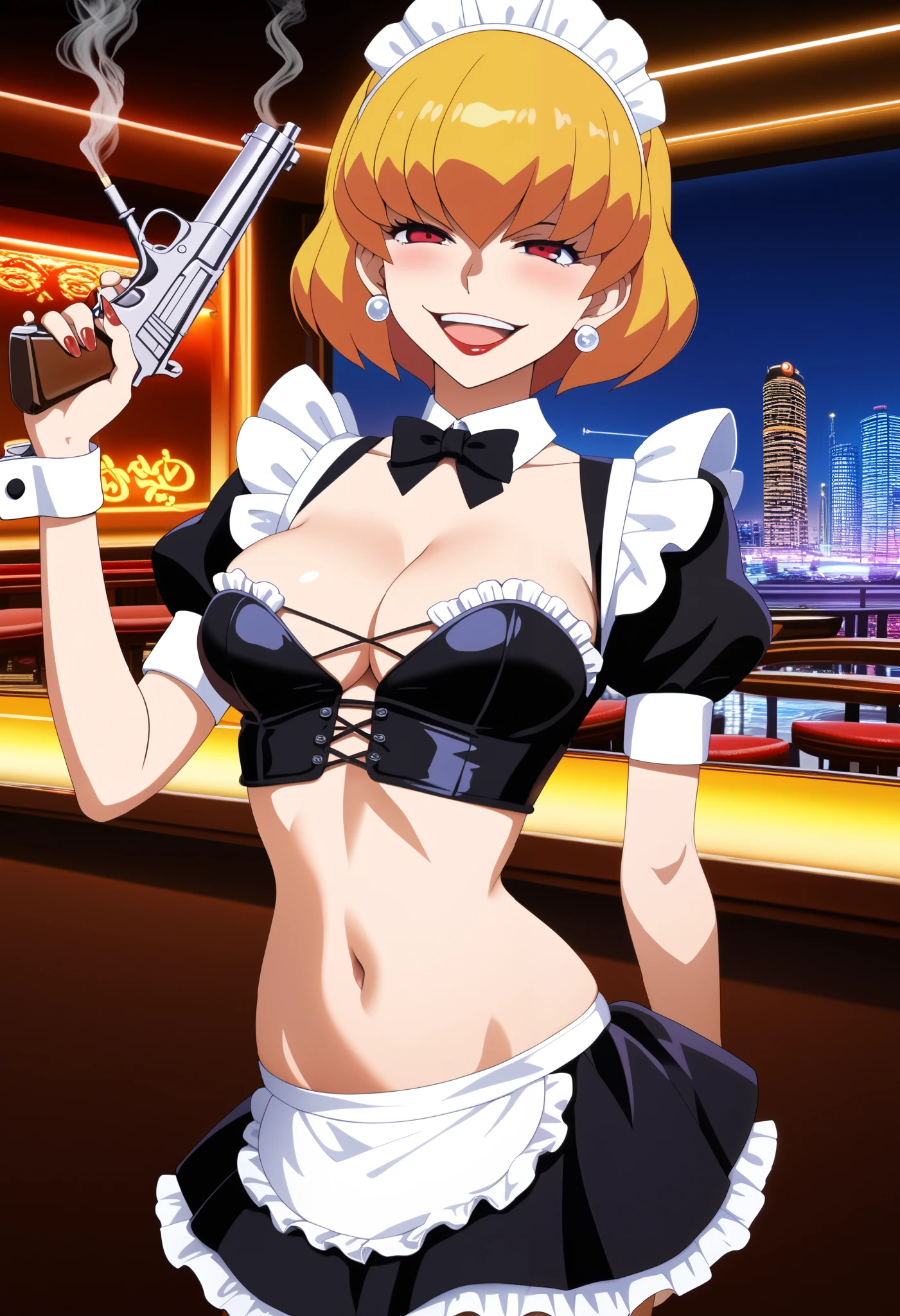 source_anime, (Anime), 1girl, Clementine, red eyes, Blond hair, short hair, solo, medium breasts , ear piercing, long hair, blush, lipstick,Hot girl, baddie, smoking, sensual, attractive ,bar background, inside bar,indoors, cityscape, casino, nightclub, city lights, jewelry, earrings, complex detailed background, casino environment, fancy interior environment, rich
interior, masterpiece, best quality, highly detailed, a anime girl in maid uniforms, holding pistol, maid
outfit, cleavage, evil smile, smile, open mouth ,ecchi anime style, anime girls, ecchi style, ecchi, digital
anime art!!, in anime style, official artwork, (nsfw) not safe for work, beautiful anime maid girl, anime
style 4 k, micro skirt, exposed belly, exposed navel, exposed midriff, exposed lower belly, holding a gun, dragon tattoo, narrowed eyes, tattoo midriff, nipple slip,