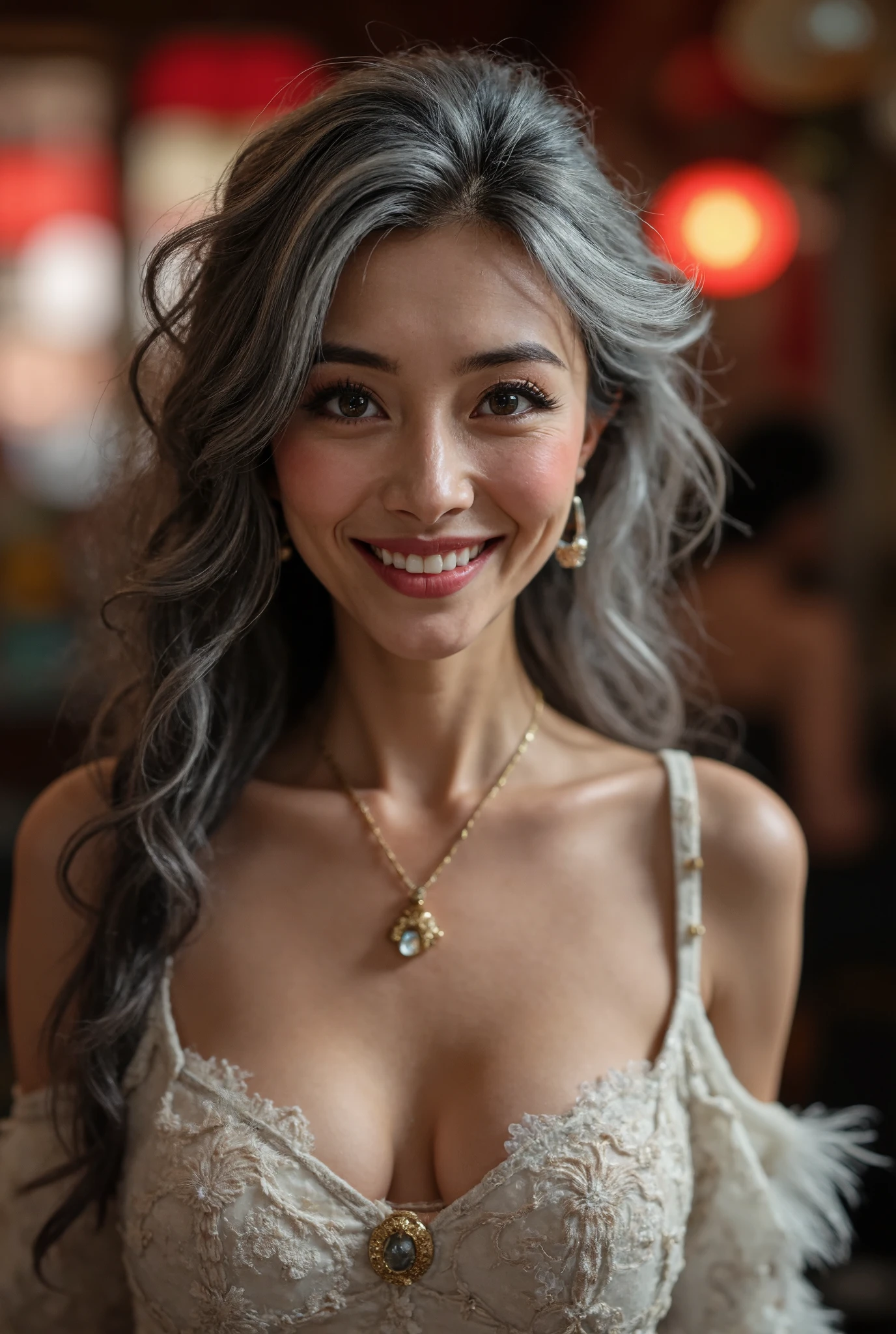 Detail Tweaker LoRA、  Photorealistic、 full body image 、Japanese 60 year old charismatic old prostitute with huge round eyes、Wedding Rings、Happy Smile、 rough skin with fine wrinkles, freckles, and moles、 damaged gray hair 、Petite and poor body 、A white, flashy, and beautiful prostitute costume、A super high-class brothel at a tropical night、 looking at camera、tired skin、 wilted breasts、 flashy heavy makeup 