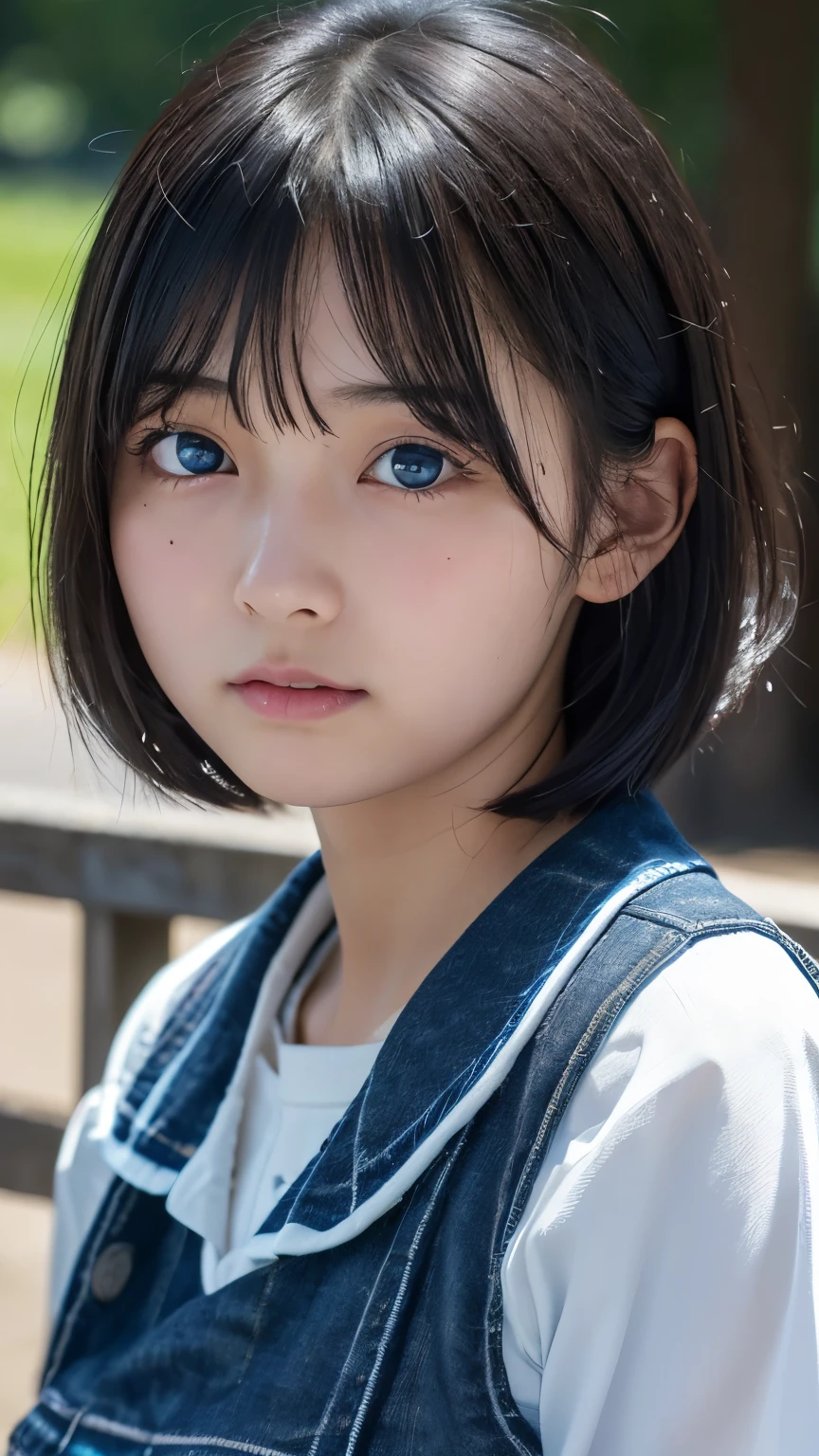 A 15-year-old girl，beautiful girl，Beautiful Japan Girl，Beautiful Eyes，Big eyes，Very cute face，Portrait，True Face，Cute Nose，White skin，Short Hair，Face close-up，The background is the sea，