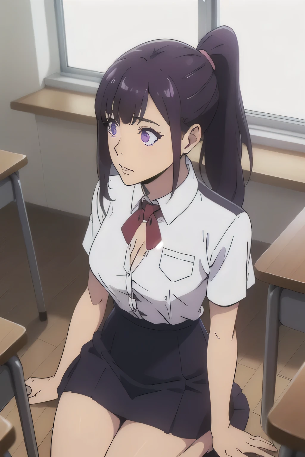 1 girl in, 18, photo of Sung Jinha, Solo Levelling Waifu, photo of perfect woman, Solo, Aesthetic artwork, (long hair, straight purple hair, long ponytail, dark purple hair, bangs: 1.25), (violet eyes, clear skin, fare skin, small breasts, B-cup, runners body, very thin waist, skinny, petite, detailed skin texture, (Masterpiece), (cleavage, focus on breasts:1.2), (wearing a short sleeve button down white blouse, unbuttoned, untied jk ribbon, short pleated skirt pink, school girl uniform: 1.25), (in a classroom, infront of a chalkboard, on a wood floor by a teacher's desk, with sunlight streaming through the window, kneeling before teacher, splits kneeling, legs apart), looking up at camera), (extremely detailed 8k wallpaper), soft lighting, high quality, film grain, 50mm, High Detail, Sharp focus, (natural light), (cowboy photo:1.2), light particles