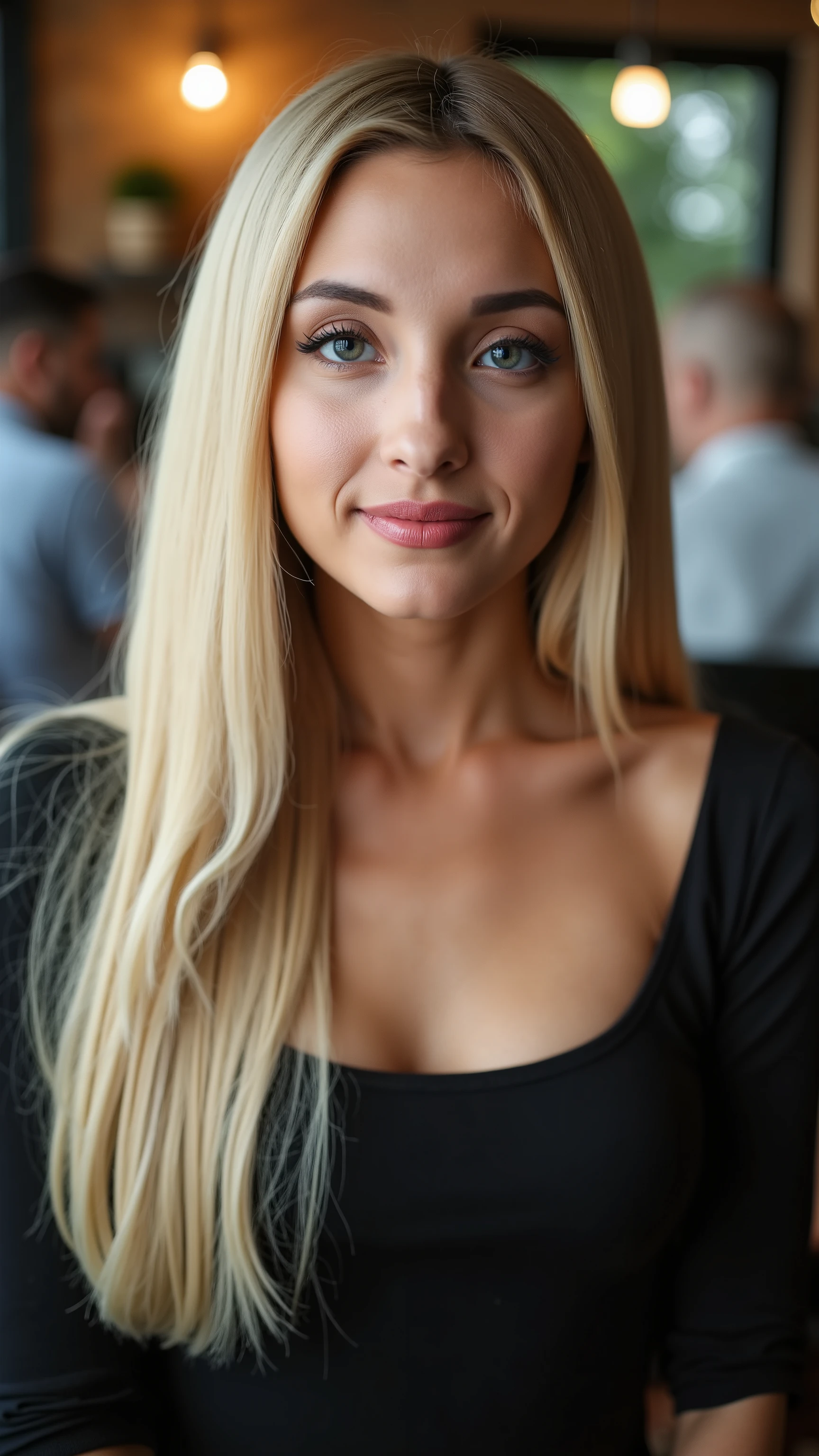 This is a beautiful  closeup photograph of a woman, she has long straight blonde hair and dark blue eyes.  Wearing a form fitting  boatneck dress,  Sitting in a cafe. Flirting at the viewer. Smile, Captured with a Sony A7R IV camera and a 50mm f/1.2 G Master lens for a beauty editorial shoot, this composition highlights her fashion-forward aesthetic. Inspired by avant-garde fashion photography from Sølve Sundsbø, this image blends contemporary fashion and minimalist elegance, embodying mythp0rt and niji_flux styles for a sleek, high-fashion vision. ((glow_skin, iridescent skin, oily skin, portrait)). ((no logo))