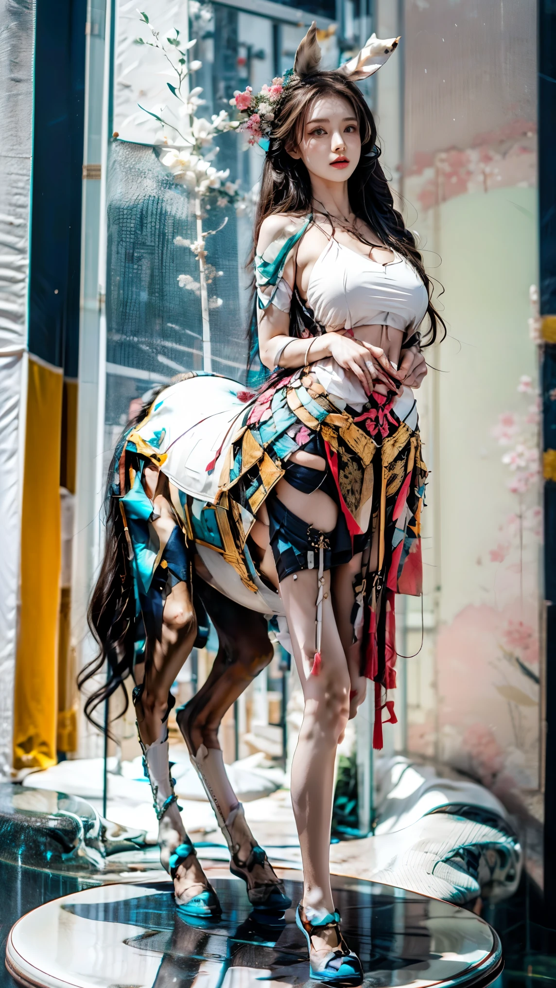 In a very grand scene,The extra-large wide-angle lens captures the appearance of a female centaur。She is tall,It has the ultimate curvy beauty,The muscles are slender and firm,Beautiful lines。Her facial features are tough and coquettish,Always with a sunny smile。(She wears a cartoon-style chocolate ice cream cone costume:9.9),Step on ice-cream-style sky-hating heels,Delicate ice cream decorations are worn on the hands, feet, wrists, neck and shoulders。The colorful ice cream-style premium vehicle around you flashes neon,Let her exude a charming brilliance。Use Midjourney's advanced tools,Design special ice cream appearance equipment for female centaurs,Highlight her unique physiological characteristics and appearance details,Add realism。And in her adventure scene,Spectacular views of nature,Such as the sky where storms and sunny days alternate、Brilliant rivers of stars and auroras、The snow-capped summit of Mount Everest、Fireworks in the mountain town, etc。ao mesmo tempo,Away from the hustle and bustle of Long Beach Pier is a neon-lit spaceship docked,Create a fantastic scene。Use Midjourney's advanced tools and multiple color palettes、Brush Strokes、Texture tools and model packages,It shows a sense of atmosphere where beauty and charm coexist。The charm of the female centaur is highlighted through color and lines,Enhance realism with detailing,Create a surreal dreamy feeling。Additionally,Use Midjourney's tools to add ice cream skins, gear and cultural trinkets to female centaurs,Create intricate hairstyles and outfits,Give her a sense of premium。She never flinches,Regardless of the terrain,can respond quickly,Even the extreme geography and dangerous terrain of aliens cannot stop her。Use Midjourney's powerful tools,You can do it with incredible detail and beauty,Bring this ultra-grand and beautiful scene to life。Ultra-grand scenes,super wide shot, hdr,(真实感,Masterpiece quality,best qualtiy),