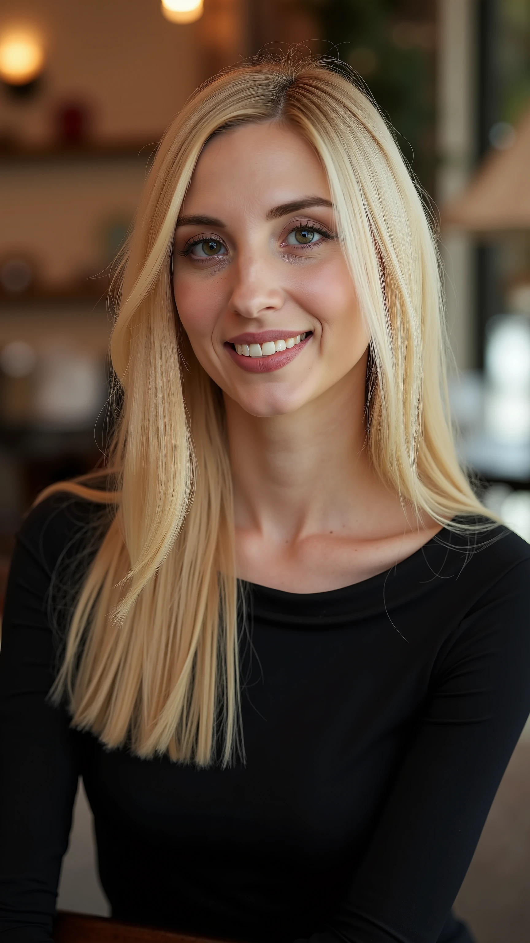 This is a beautiful closeup photograph of a woman, she has long straight blonde hair and dark blue eyes. Wearing a form fitting boatneck dress, Sitting in a cafe. Flirting at the viewer. Smile, Captured with a Sony A7R IV camera and a 50mm f/1.2 G Master lens for a beauty editorial shoot, this composition highlights her fashion-forward aesthetic. Inspired by avant-garde fashion photography from Sølve Sundsbø, this image blends contemporary fashion and minimalist elegance, embodying mythp0rt and niji_flux styles for a sleek, high-fashion vision. ((glow_skin, iridescent skin, oily skin, portrait)). ((no logo))