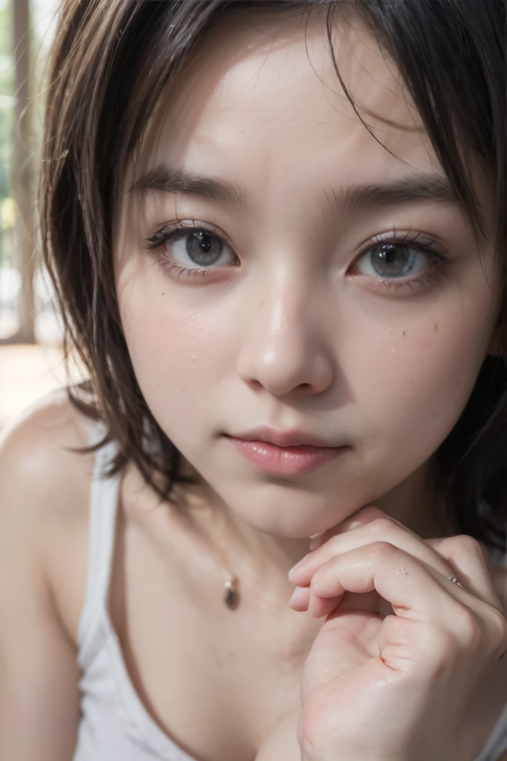 (((Face close-up))), (masterpiece:1.3), (8k, realistic , RAW Photos, Best image quality: 1.4), Live Action, 8k, realistic , RAW Photos, Best image quality: 1.4), Single-lens reflex camera, RAW Photos, Highest quality, realistic , Very detailedな CG Unity 8k 壁紙, Written boundary depth, Cinematic Light, Lens flare, Ray Tracing, realistic background, ((ultra high density skin)), 1 female,Cute Japanese Woman, glare:1.1, Medium Hair:1.2, I like that style, stylish, Very detailed, Pay attention to the details, (White skin), Karate woman, white short pants, Tank top, (Cleavage, Big Breasts), (Sweaty:1.4),