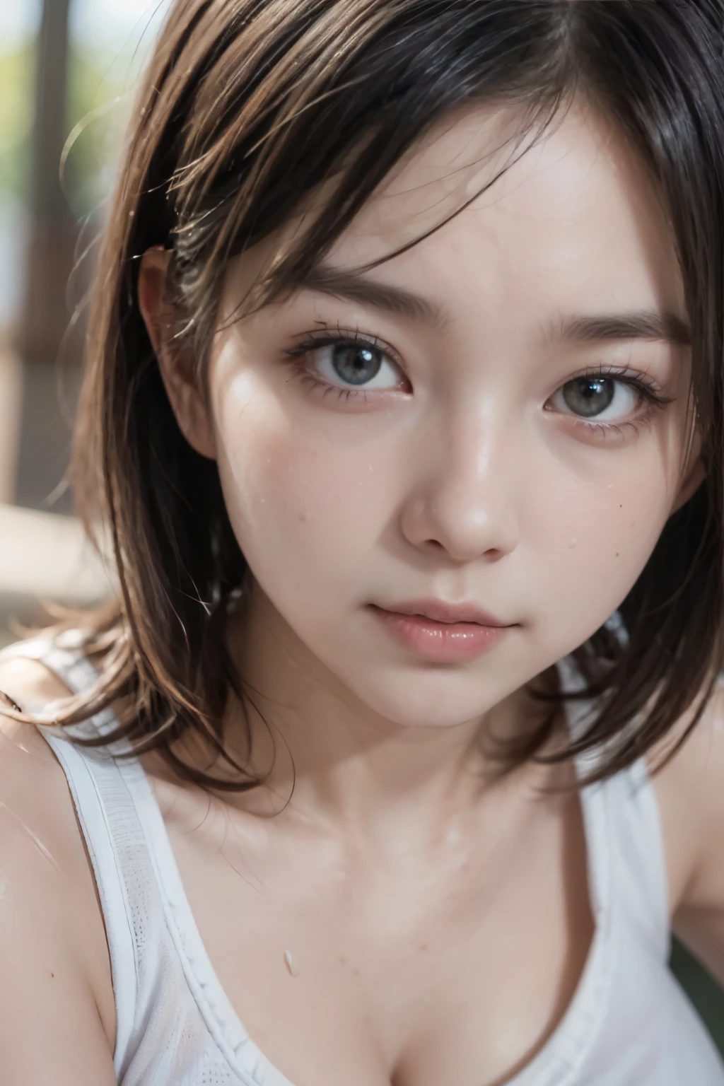 (((Face close-up))), (masterpiece:1.3), (8k,  realistic , RAW Photos, Best image quality: 1.4), Live Action, 8k,  realistic , RAW Photos, Best image quality: 1.4), Single-lens reflex camera, RAW Photos, Highest quality,  realistic , Very detailedな CG Unity 8k 壁紙, Written boundary depth, Cinematic Light, Lens flare, Ray Tracing,  realistic  background, ((ultra high density skin)), 1 female,Cute Japanese Woman, glare:1.1, Medium Hair:1.2, I like that style, stylish, Very detailed, Pay attention to the details, (White skin), Karate woman, white short pants, Tank top, (Cleavage, Big Breasts), (Sweaty:1.4), 