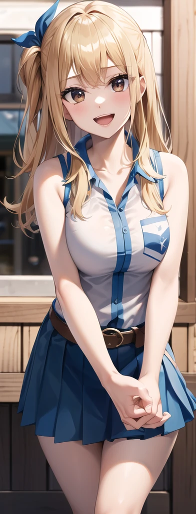 (Masterpiece: 1.4, Best Quality), (Intricate Details), Unity 8k wallpaper, super detailed, beautiful and beautiful, perfect lighting, (1 girl), (blonde hair, black eyes, big breasts), dynamic pose, dynamic angle, lipstick, big breasts, detailed background, realistic, solo, perfect detailed face, detailed eyes, highly detailed, blush, hair accessories, smile, (denim vest, no underwear, open vest, exposed internal test breasts: 1.5), exposed navel, (super short denim skirt:1.5), thin waist, big ass, standing, (Long wavy, curly, long wavy), long hair, femininity, knees