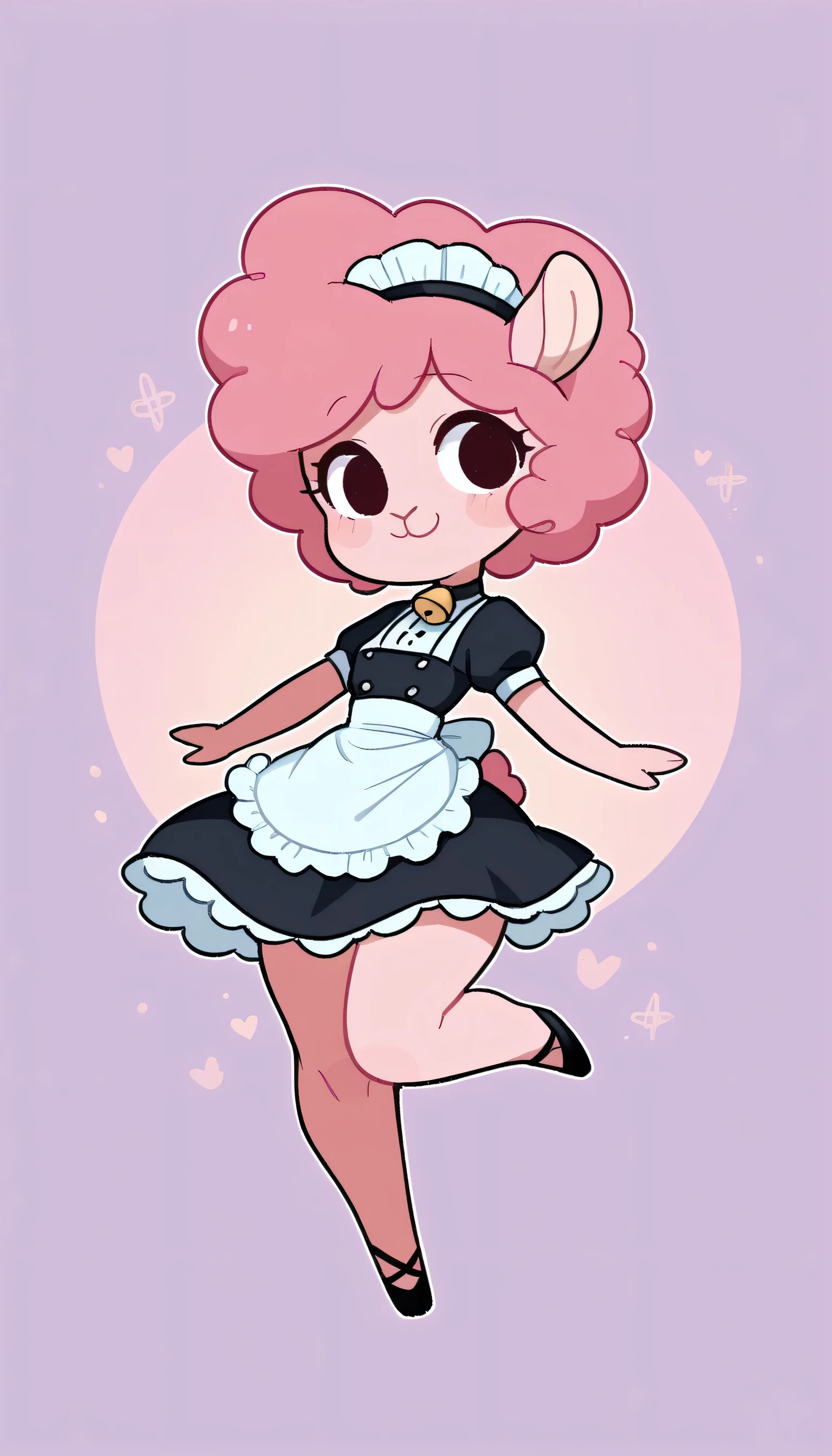 better quality, very detailed illustration , ( Anthropomorphic furry sheep:1,7) , ruffled voluminous bouncy hair , playful look, delgado, chibi body, thin waist , wide hips, simple drawing, Artifyber style , pastel flat colors , beautiful, cartoon ,solo, knee-length Dress, pastries, baker, short curly pink hair, White and Pink full Dress, maid clothes, frilly apron, a smile, fluffy curly tail, sheep ears, bell collar, hooves, ram horns