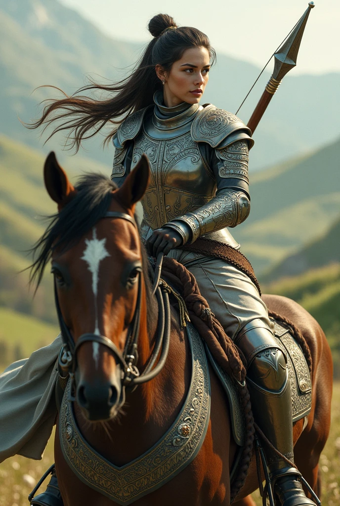 A girl in armor with a bow and arrow riding a horse