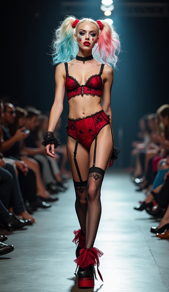 Photograph of an anorexic emaciated extremely skinny Asian female model, she is tall, show entire body of model from toes to head, she is sitting on a carpeted floor, she is covered in shiny glistening sweat, she is looking at the camera, her legs are spread apart, she is wearing a wide black neck choker 12 inches wide, diamonds and rubies are on her neck choker, show breasts, show legs, big smile, teeth are showing, small sized breasts, lace underwear, she is not wearing a top or bra, she has a colored ribbon in hair, she has long blonde hair, she has large hoop earings, she is wearing a diamond wrist band, she has bright red lipstick, incredibly skinny body, extremely skinny body, emaciated body, tiniest waist ever, well-defined collar bones, well-defined hip bones, well-defined ribcage, extremely skinny arms and legs, weak and fragile body, masterpiece, anatomically correct, textured skin, super detail, high details, high quality, best quality.