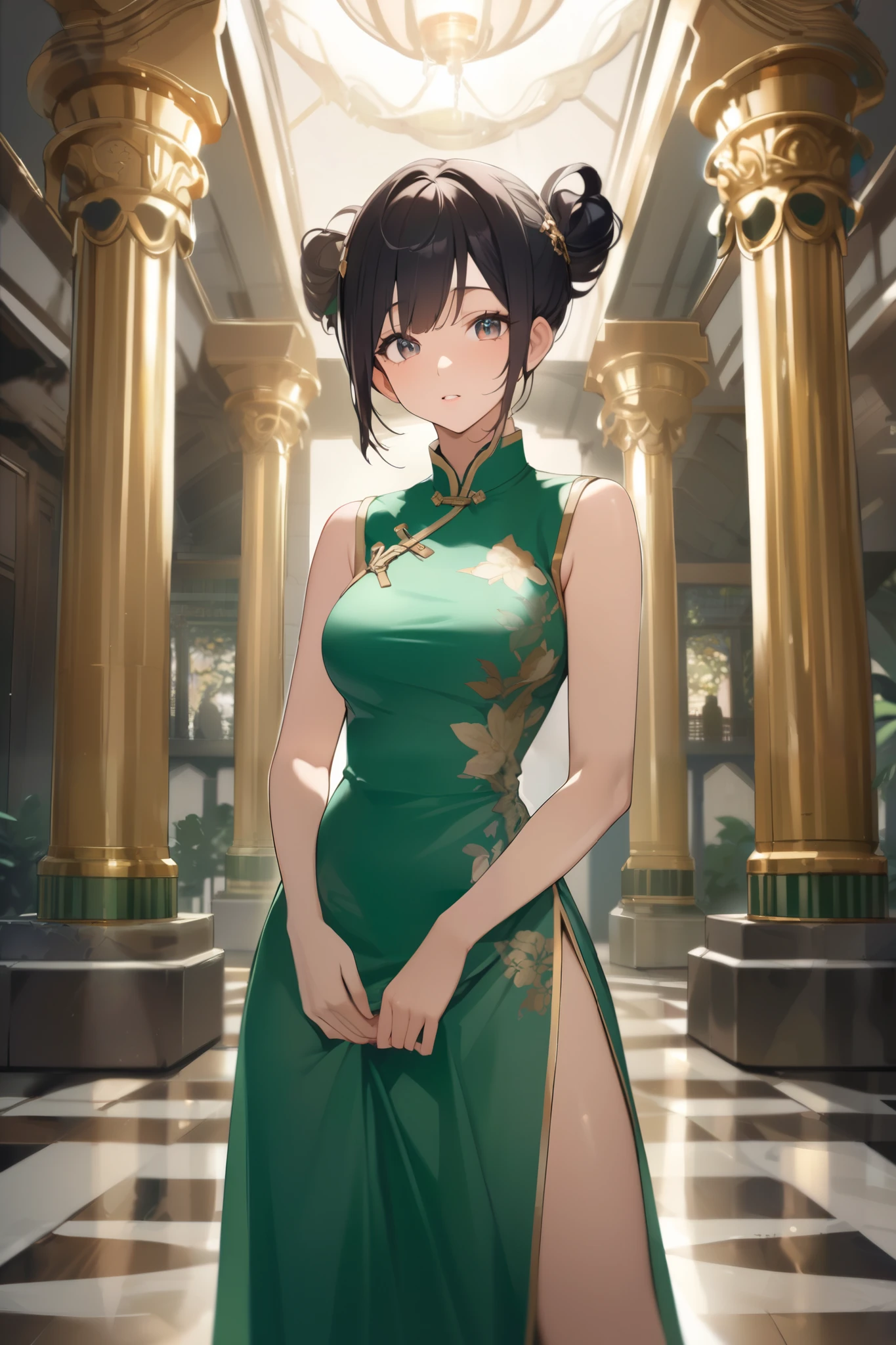 A girl wearing a green Chinese dress standing in a room, shuushuu anime image, as an Animeキャラクター, Short brown hair girl, Brown Eyed Girl, Two Chignon Knots, Animeキャラクター, The King's Hymn as a Princess, Short, Anime, Big Breasts, Medium Breast, Classic Girl, Chignon cap, female Animeキャラクター, Bare shoulders, Smile again,