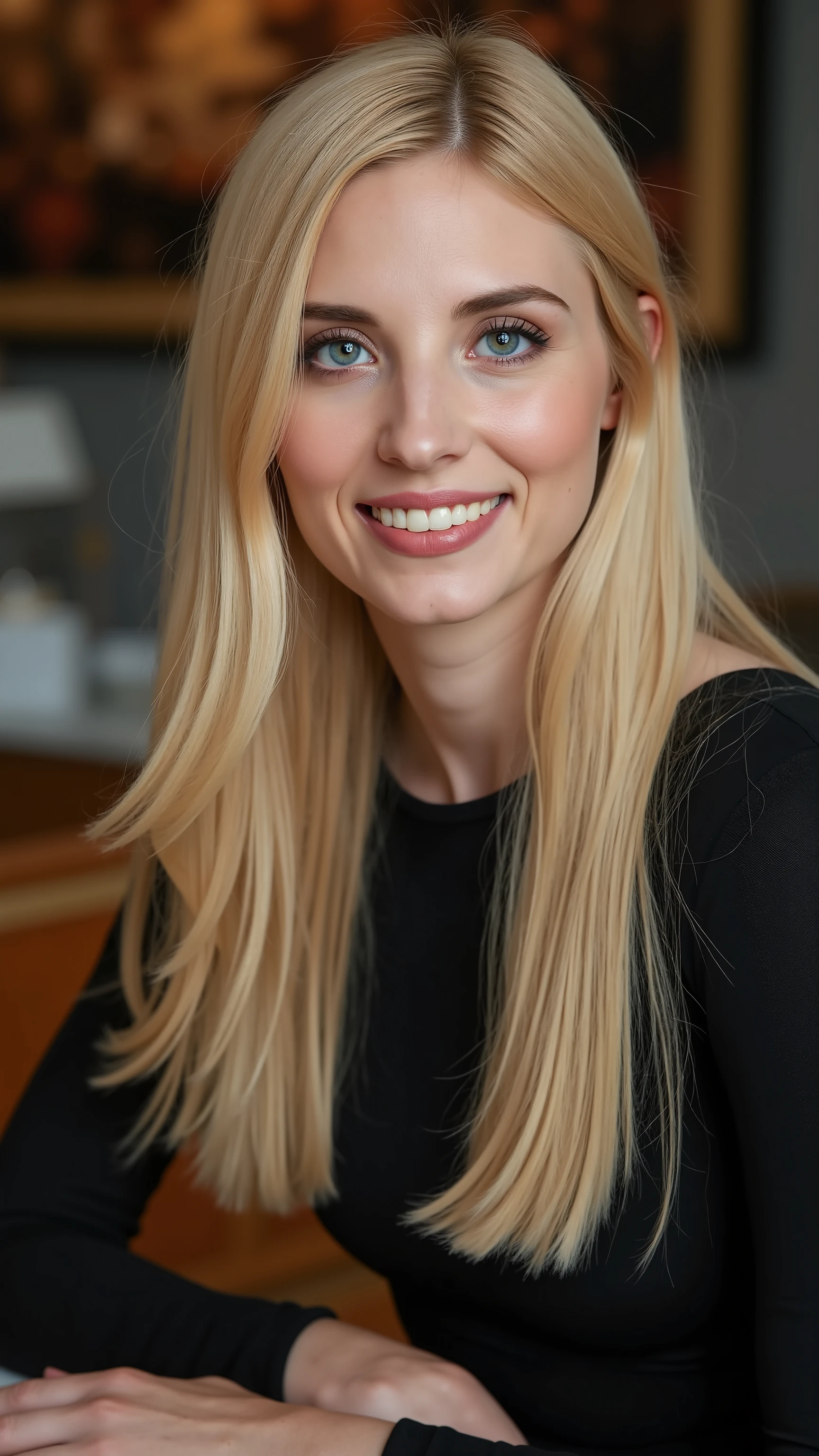 This is a beautiful closeup photograph of a woman, she has long straight blonde hair and dark blue eyes. Wearing a form fitting boatneck dress, Sitting in a cafe. Flirting at the viewer. Smile, Captured with a Sony A7R IV camera and a 50mm f/1.2 G Master lens for a beauty editorial shoot, this composition highlights her fashion-forward aesthetic. Inspired by avant-garde fashion photography from Sølve Sundsbø, this image blends contemporary fashion and minimalist elegance, embodying mythp0rt and niji_flux styles for a sleek, high-fashion vision. ((glow_skin, iridescent skin, oily skin, portrait)). ((no logo))
