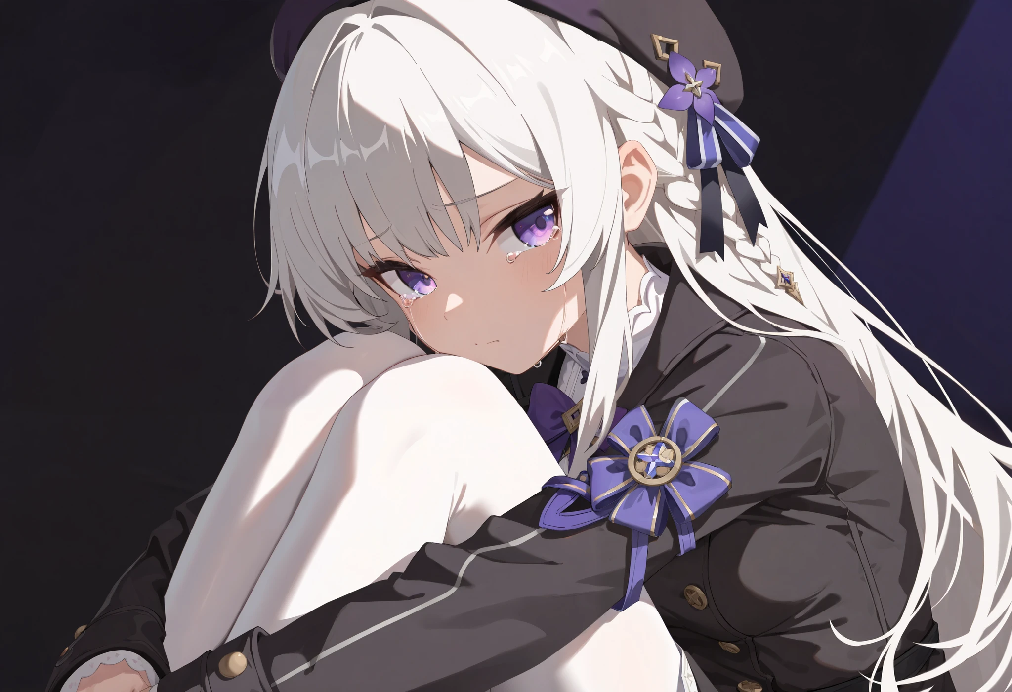 Masterpiece,Best Quality,very aesthetic,absurdities,high resolution,beautiful background,perfect anatomy,Perfect eyes,perfect and detailed face,1 girl,Alone, Sakayanagi, 1 girl, blunt bangs, by white, purple hair, purple eyes,killed, , Red jacket, collar shirt, bow tie, White skirt,white thighs,garter straps,garter belt,light smile,Upper part of the body,fountain_cheered up, screenshots,playing chess