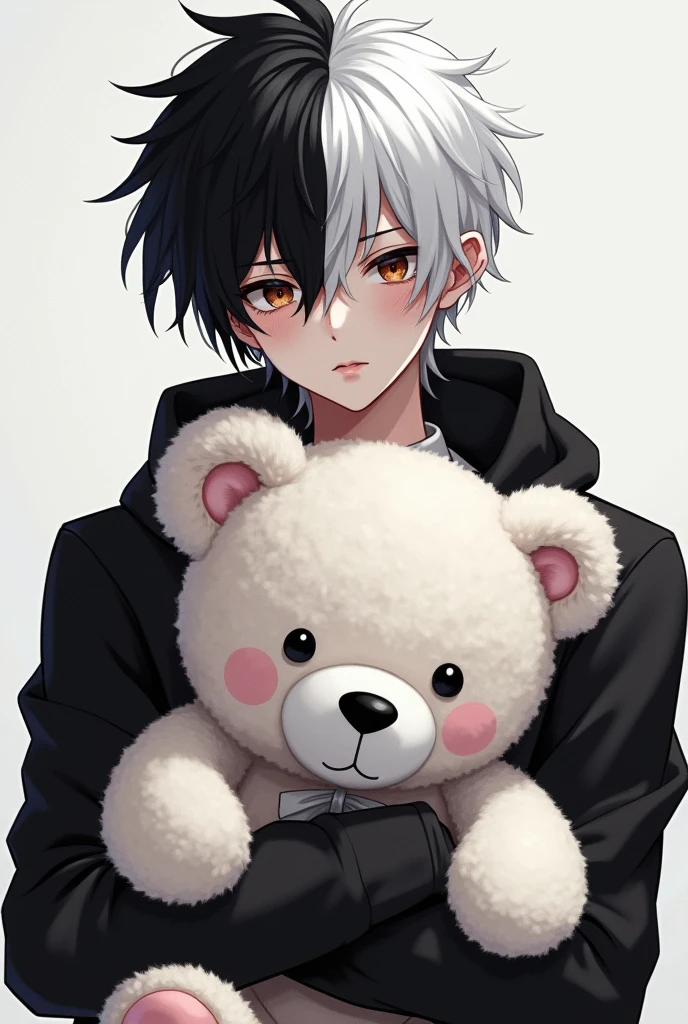 2d male with black and white hair holding a big teddy bear