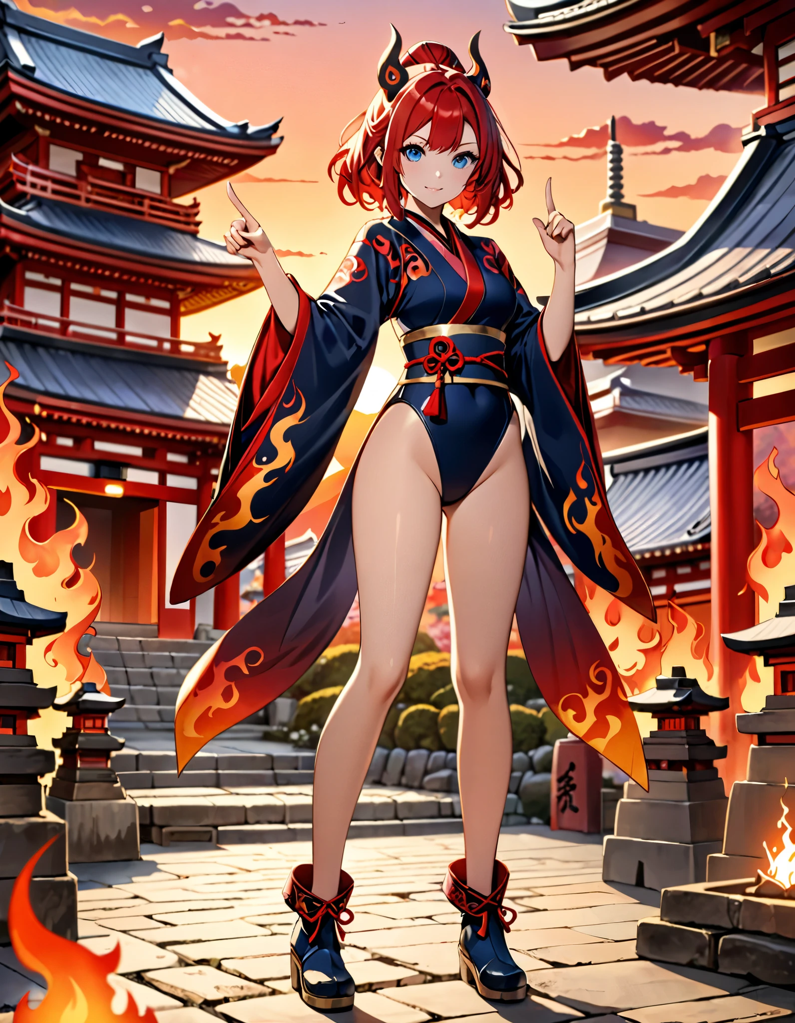 (masterpiece), (best quality), (high res), highly detailed, professional, 1woman, solo, solo focus, adult, cute and attractive woman, kunoichi, leotard, bare legs, ankle boots, red hair, dark blue eyes, right hand pointing finger, flames emerging from finger, Japanese Garden backdrop, sunset, cowboy shot, full body with costume.