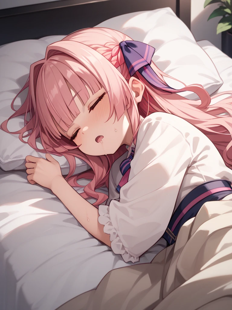 Nijisanji,Makai Noririmu , long hair, pink hair, ribbon hair accessories, small wings , sleeping on a bed , 1 girl in the bush, make you drool,sweat, high resolution, anatomically correct, best quality , textured skin, Ultra Fine,