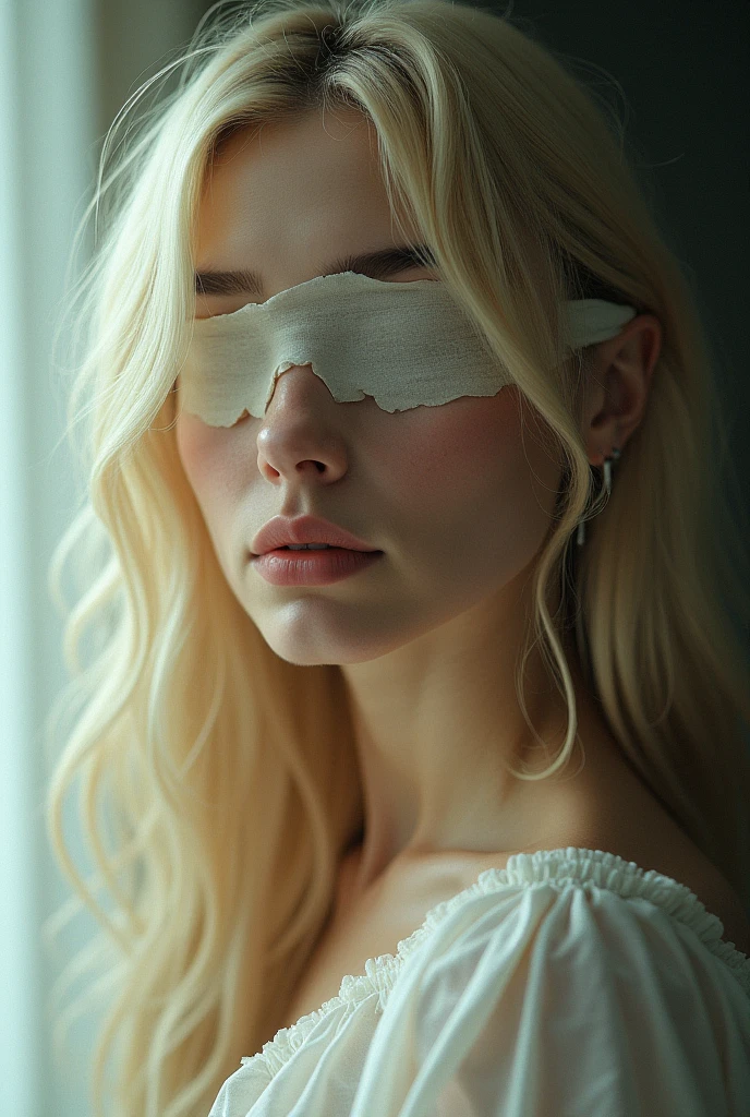 (portrait),topless,beautiful,happy blindfolded,23 years old,woman,wavy messy,shoulderlong,blonde hair,facial freckles, black sleepmask blindfold.