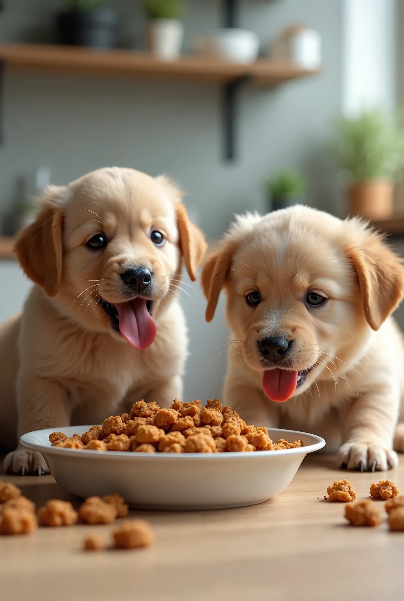 Na cena, vemos um gramado verde e bem cuidado, banhado pela luz suave do sol da tarde. No centro da imagem, There are two adorable dogs. The first is a small mixed-breed puppy, com pelagem macia e tricolor - marrom, branco e preto. Their fur is slightly scruffy, como se ele estivesse se divertindo muito. He is sitting with his front paws delicately holding a round, colorful treat, That looks like a dog biscuit.
The second dog is a Golden Retriever, um pouco maior e com um pelo dourado e brilhante. He's lying next to the puppy, with her eyes expressing pure happiness as she holds a chewy bone between her front legs. Small snack crumbs are scattered around them, Witnessing the pleasure they are feeling.
Both dogs have beaming expressions on their faces, their tails wagging excitedly as they enjoy these delicious snacks. No fundo da imagem, You can see plush toys and a water bowl, indicating that these adorable dogs are in a garden, enjoying a moment of joy and satisfaction while indulging in their snacks.