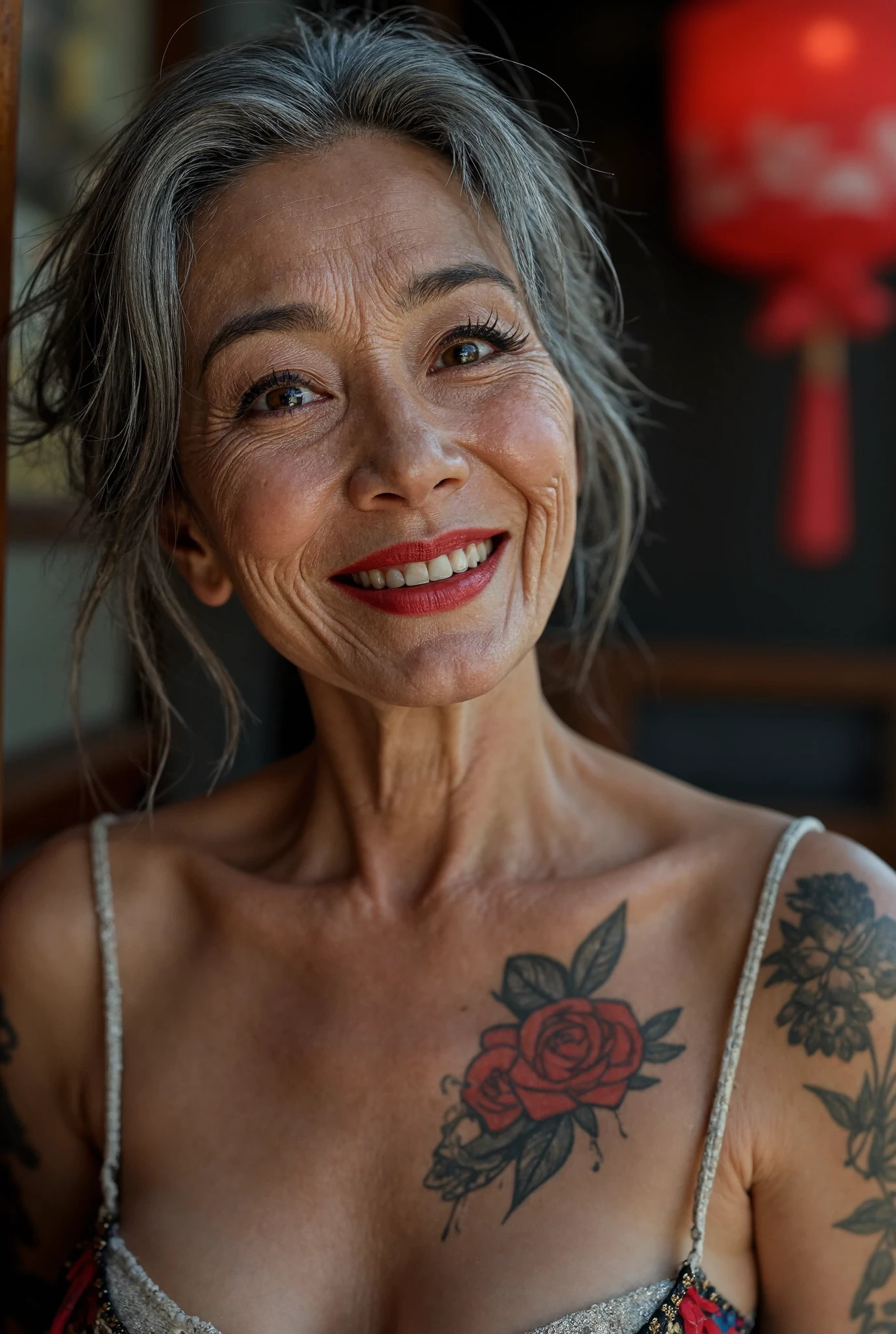 Detail Tweaker LoRA、  photorealistic、 full body image 、Japanese 60-year-old charismatic old prostitute with super heavy makeup、Wedding Rings、Happy Smile、 rough skin with fine wrinkles, freckles, and moles、 damaged gray hair 、Petite and poor body 、A white, flashy, and beautiful prostitute costume、A super high-class brothel at a tropical night、 looking at camera、tired skin、 wilted breasts、 flashy heavy makeup 、Black tattoo