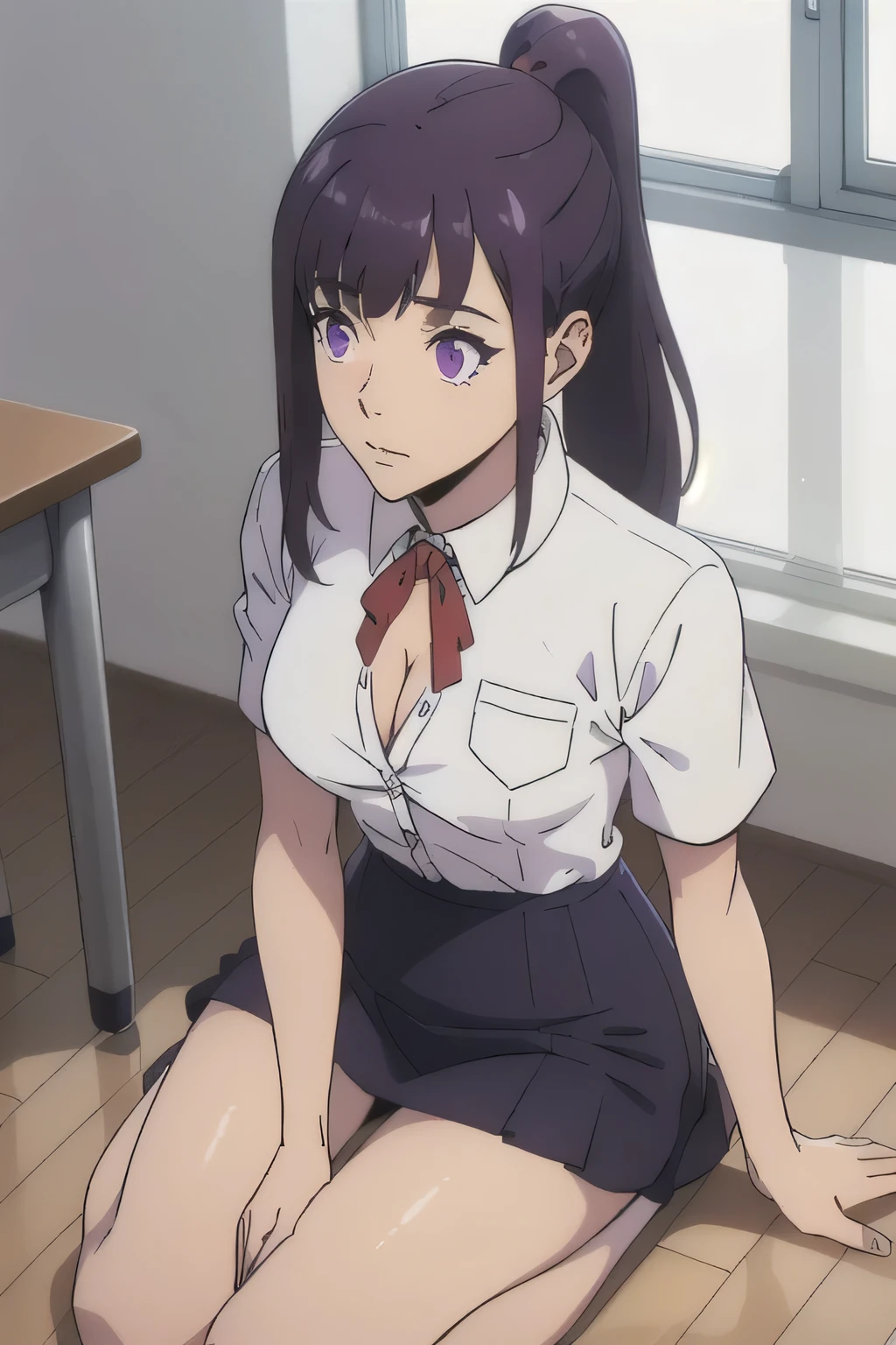 1 girl in, 18, photo of Sung Jinha, Solo Levelling Waifu, photo of perfect woman, Solo, Aesthetic artwork, (long hair, straight purple hair, long ponytail, dark purple hair, bangs: 1.25), (violet eyes, clear skin, fare skin, small breasts, B-cup, runners body, very thin waist, skinny, petite, detailed skin texture, (Masterpiece), (cleavage, focus on breasts:1.2), (wearing a short sleeve button down white blouse, unbuttoned, jk ribbon laying on the floor, short pleated skirt pink, school girl uniform: 1.25), (in a classroom, infront of a chalkboard, on a wood floor by a teacher's desk, with sunlight streaming through the window, kneeling before teacher, splits kneeling, legs apart), looking up at camera, overhead perspective), (extremely detailed 8k wallpaper), soft lighting, high quality, film grain, 50mm, High Detail, Sharp focus, (natural light), (cowboy photo:1.2), light particles
