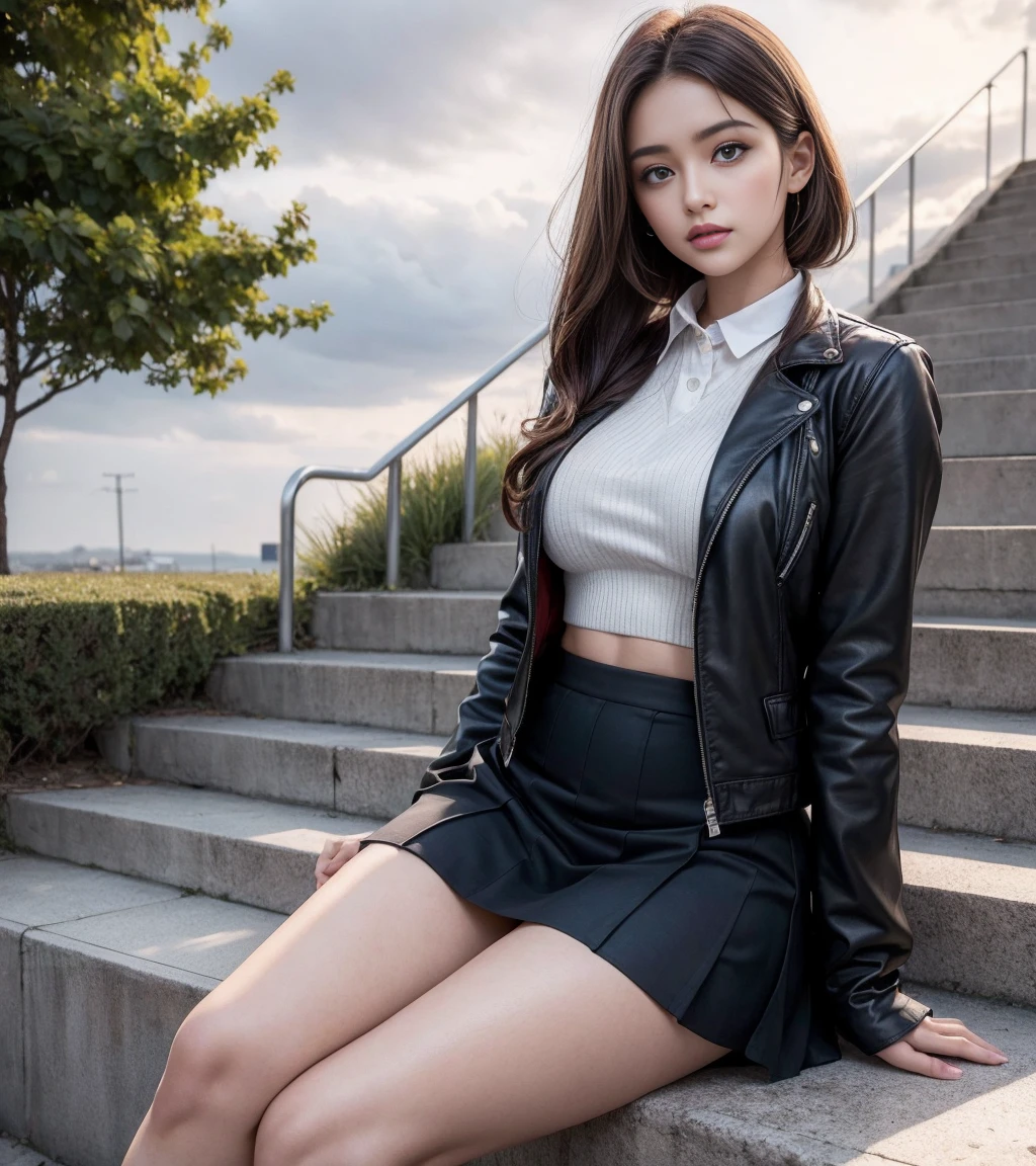 best qualtiy,tmasterpiece,超高分辨率,(真实感:1.4),RAW photogr,1girll,long whitr hair,Face Highlighting,Pure,Girly,Flushing,18yr old,18-year-old smiling female classmate,Pure,Innocent,(best qualtiy,8K,tmasterpiece:1.3),Goose egg face,largeeyes,long eyelasher,Exquisite(live-action realistic style),Star-like eyes,Ultimate face,Photorealistic light and shadow,Clear facial features,Milky white skin,Fair skin, highdetailskin, Realistic skin details, Visible Pore,(Super detail),(perfect bodies:1.1),long whitr hair,(dynamicposes),((Dynamic background((volumettic light:1.3)),highways,A desert,Black leather jacket,leather short shorts,boot,cruel