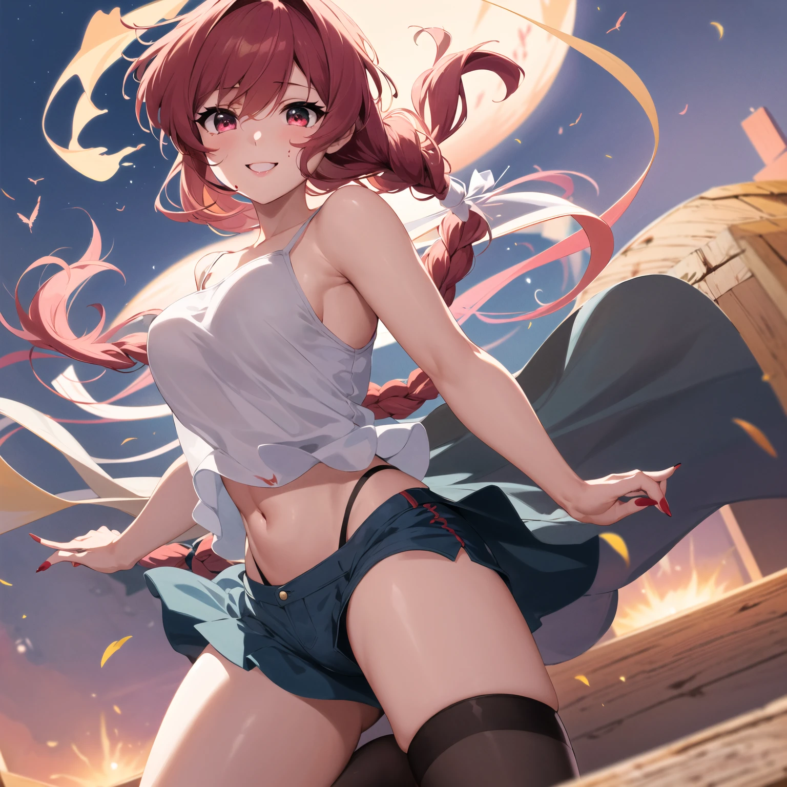 (masterpiece, best quality, high resolution), 1girl, celicams, ponytail, ribbon, cape, school uniform, skirt, pleated skirt, miniskirt, navel, wind lift, no panties, dancing, wink, smile