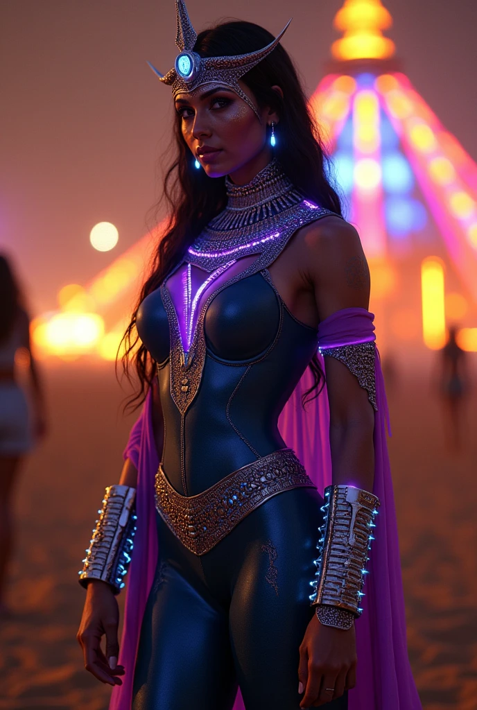 A beautiful woman Adriana Lima under the mantle of the Eutopia warrior Zarda Shelton aka power Princes is a tall Caucasian woman who has a muscular body, Straight, brown hair to the lower back that's kept in a braid, Wide and ripped shoulders, Toned stomach and long, muscular legs, she wears a purple leather jumpsuit that is very tight to her body and highlights her curves through her superheroine costume.. She also wears a gladiator-style helmet that covers her face, excluding her eyes and mouth with a curved leaf on top silver choker on her neck suit in the style of Wonder Woman 84 Movie