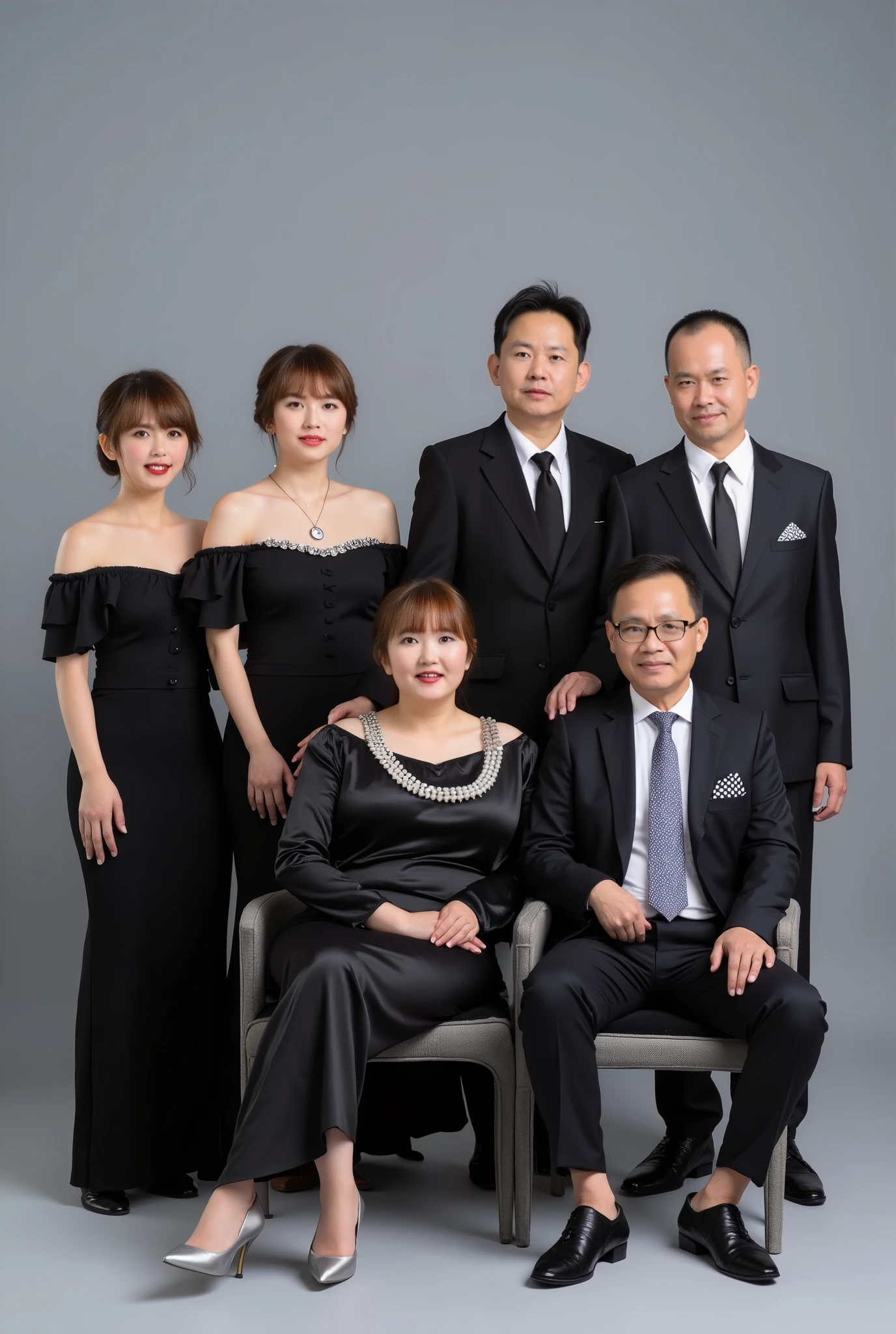 A formal indonesian family photo featuring six people, consisting of father and mother, two age men and two age women, in elegant clothes. Two age women stood on the left and center sides, wearing off-shoulder black dresses decorated with decorative accents and silver heels, one of her hands resting gently on the shoulder of the woman sitting in the center. Mum sat in a chair wearing a black satin dress accessorised with a layered pearl necklace, her hair neatly styled with a graceful smile.
In the side right stand two men they wear black suits complete with ties and pocket handkerchiefs, exuding an impression of confidence. And dad sat in a chair wearing a grey suit with a polka-dot patterned handkerchief and glasses, smiling kindly. The background is a simple of grey, 3d render
