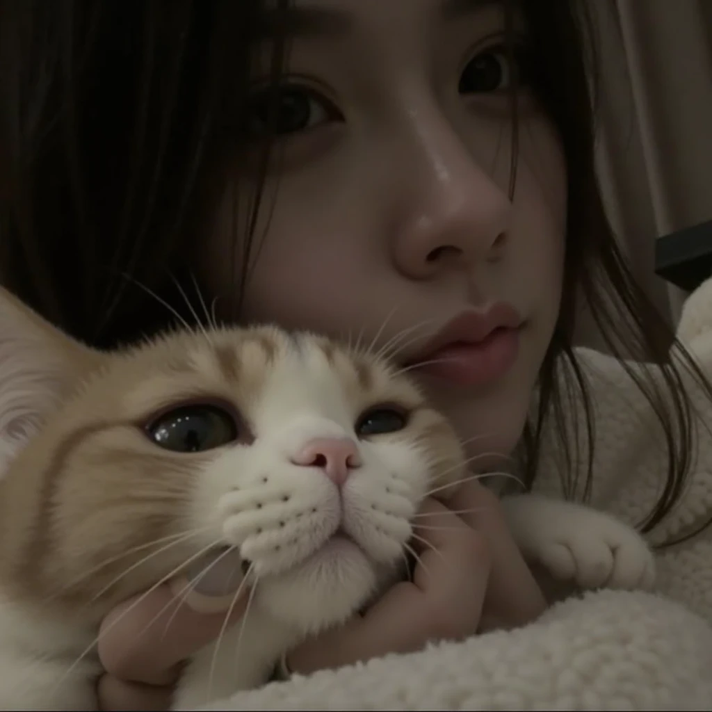 There was a man, a woman and a cat lying on the couch, with small cat on lap, there is a cat next to her, lovingly looking at camera, big cheeks holding her cat, with cute doting eyes, with cats on her side, with garfield the cartoon cat, tyler edlin and natasha tan, with ivy, ruan jia and brom, pets --auto