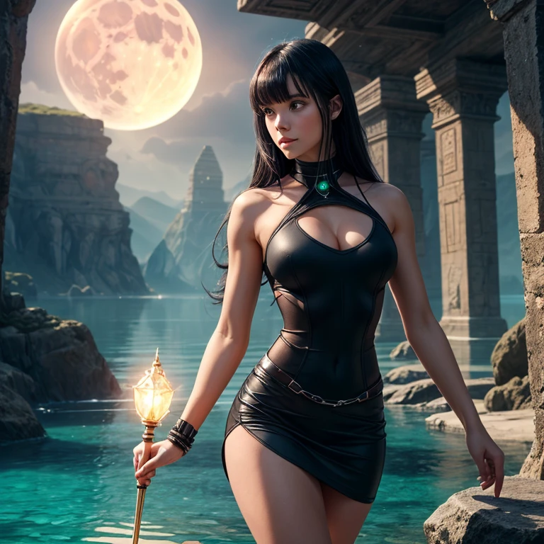 An exquisite fusion of art styles, showcasing a girl in a bikini crafted from gemstones, standing atop a mystical moonlit altar, surrounded by an ethereal, dreamlike landscape that blurs the lines between reality and fantasy.