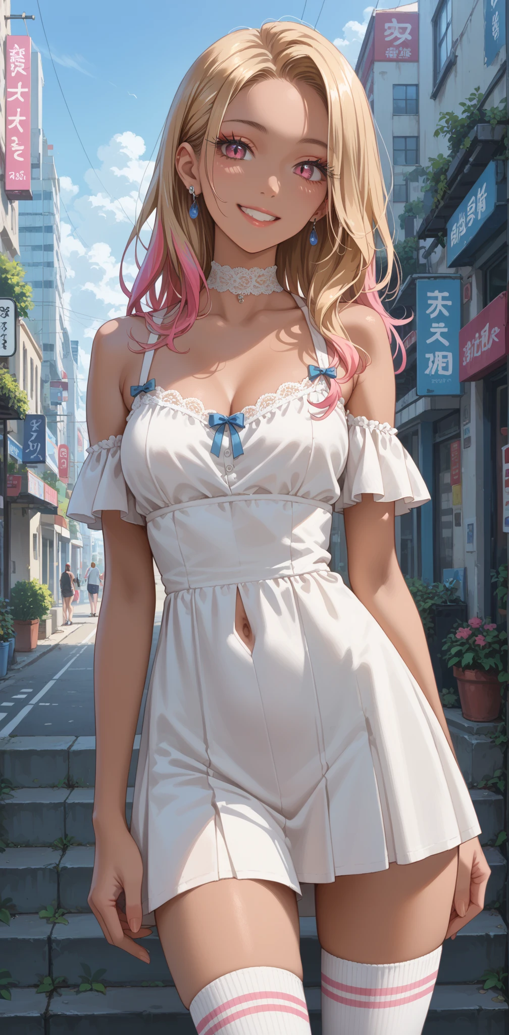 ((Highest quality, 8k, masterpiece :1.3)), (Sharp focus :1.2, Beautiful woman with perfect figure :1.4, Slim Abs), ((Big Breasts, Emphasize cleavage:1.2)), (Photorealistic:1.4), (realistic:1.4), (Pink Hair:1.5), Highly detailed face and skin texture, Fine grain, double eyelid. Makeup face, A little bit of lipstick, sex appeal, Sexy gravure pose, ((A beautiful woman in a white lace dress、On a balcony overlooking the Colosseum in Rome、Sexy pose with legs showing against a historical background。:1.3))