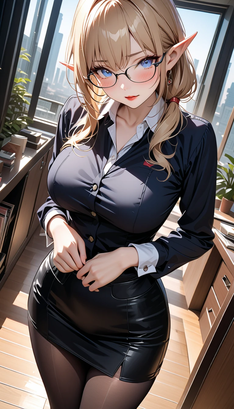 ((masterpiece, Highest)), (One girl), (Mature Woman), Light pink hair, A seduction with exposed breasts, sprawled out, (Office Lady), bangs, Big Breasts, slim, smile, [Wide Hips], Are standing, got it  (Blue File), 8K quality, Sexy seduction, (open neck suit)、Business district
