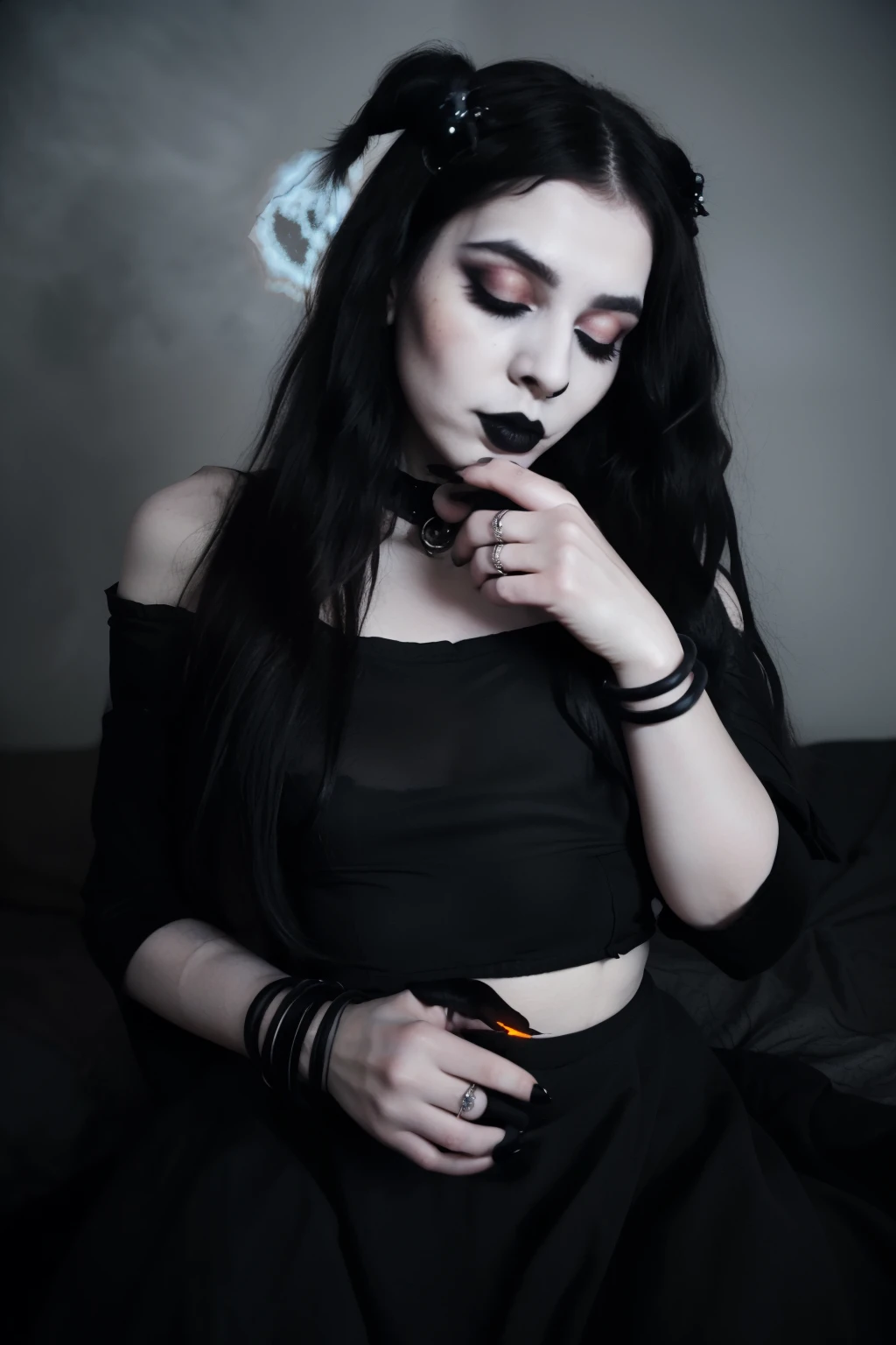 Create 25-year-old cute white girl with long black creepy hairstyle wearing black costume with full makeups and bangles and ring nose pin with black lipstick fire flame in hand with creepy background sleeping in creepiest bed with ghost effects
